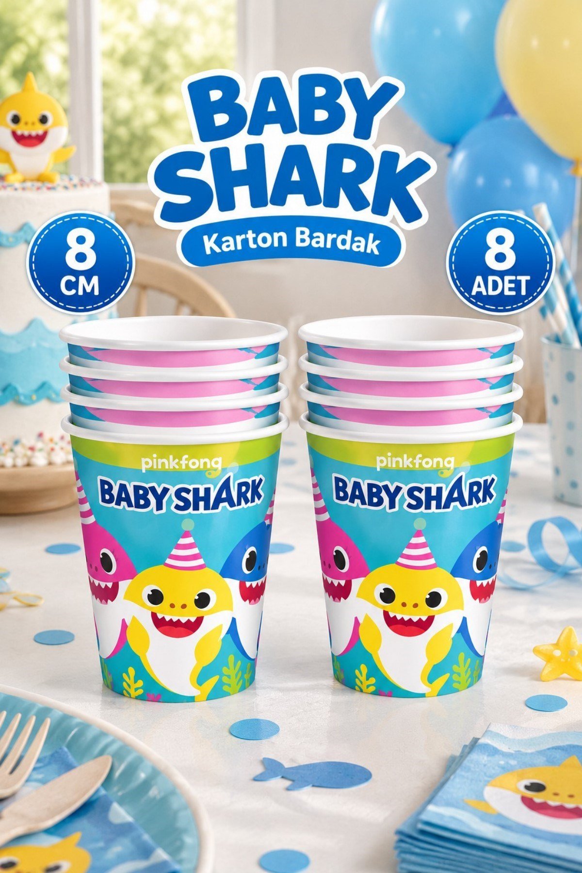 Baby Shark Karakterli 8 Adet Bardak Bebek Köpekbalığı Temalı Konsept Lisanslı Orijinal Ürün