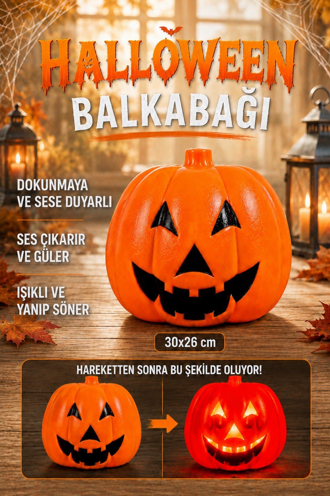 Balkabağı 30x26 Cm Işıklı Müzikli Sese Ve Dokunmaya Duyarlı Halloween Dekoru Cadılar Bayramı Süsü