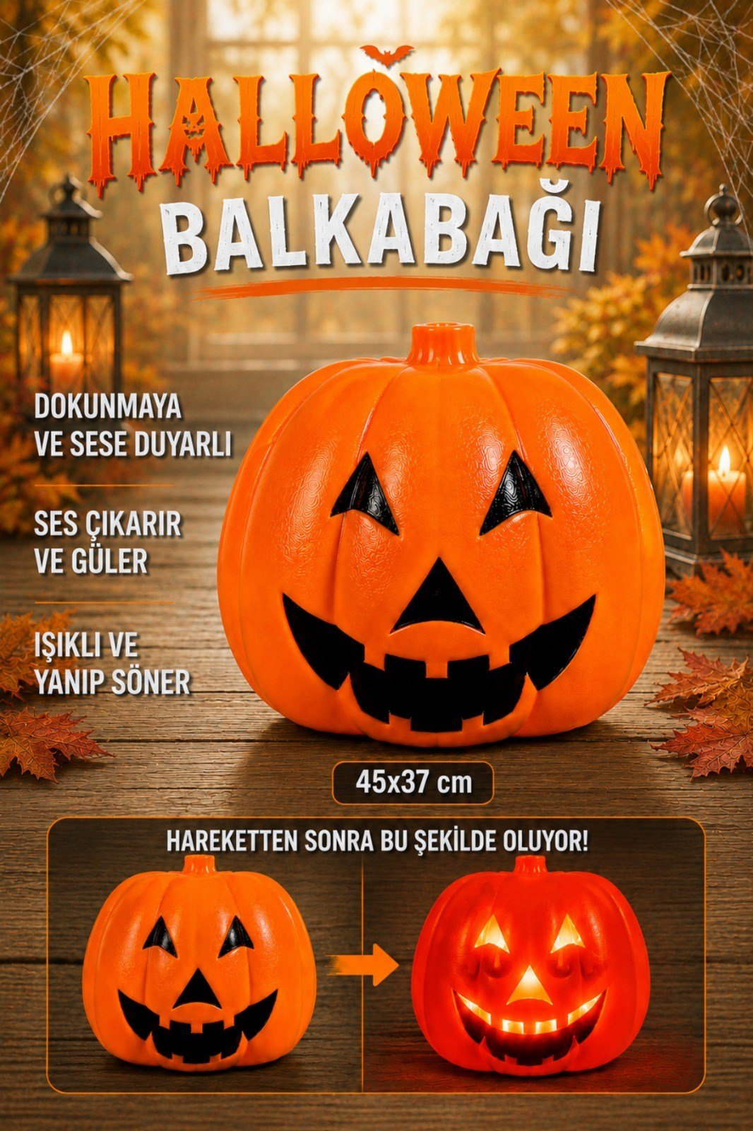 Balkabağı 45x37 Cm Işıklı Müzikli Sese Ve Dokunmaya Duyarlı Halloween Dekoru Cadılar Bayramı Kabak