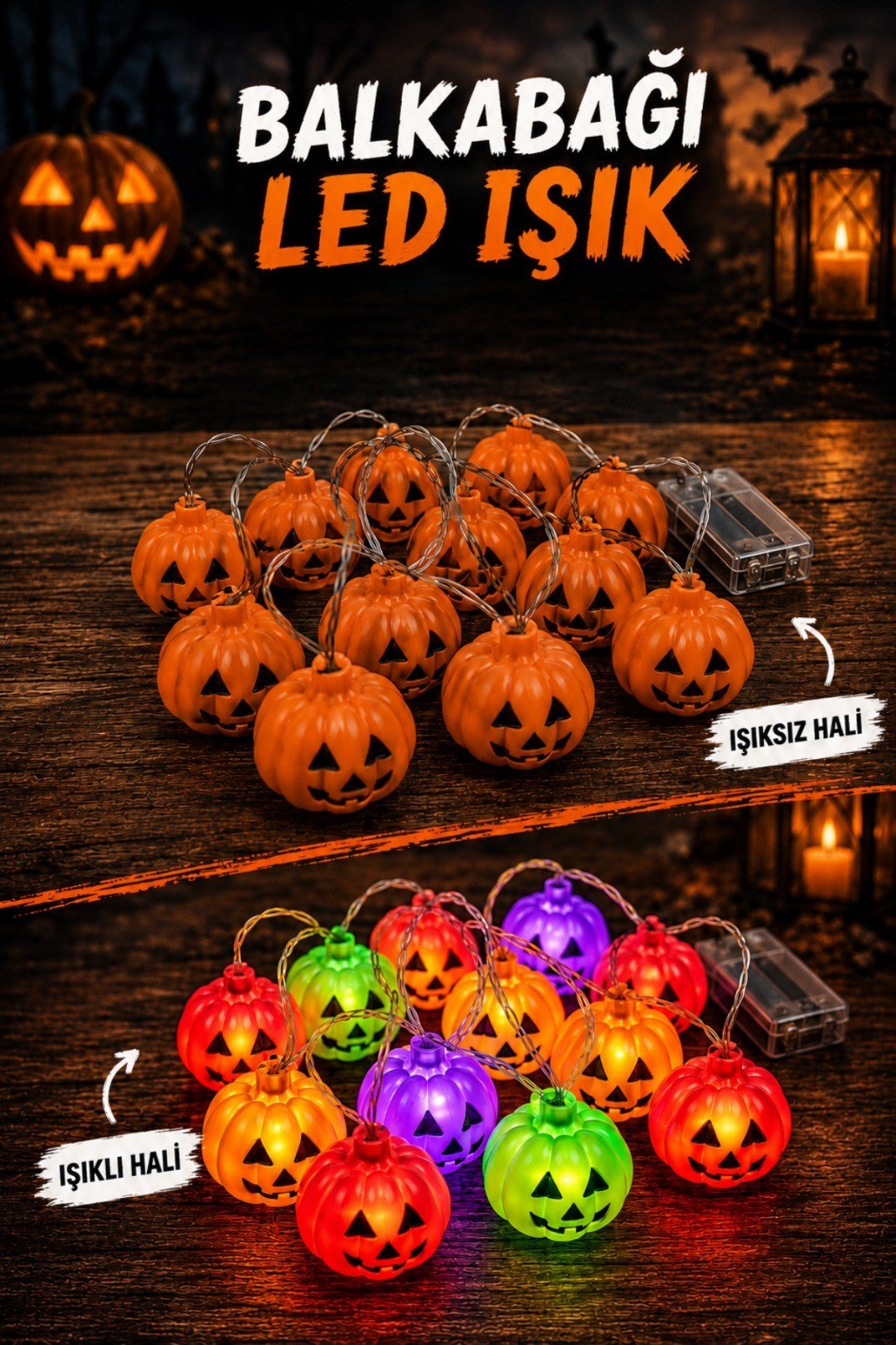 Balkabağı Led Işık Karışık Renkli 12 Kabaklı 220 Cm Pilli Halloween Cadılar Bayramı Dekor Süsü