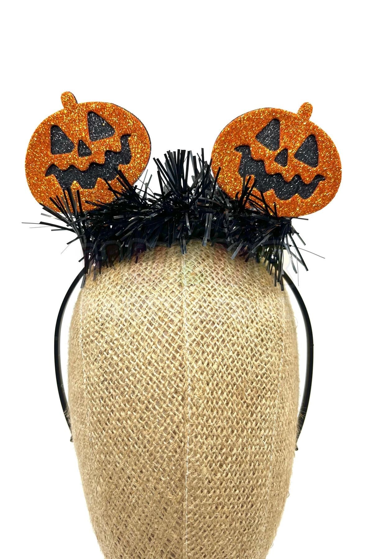 Balkabağı Taç Turuncu Renkli Simli Eva Halloween Partisi Cadılar Bayramı Tacı Siyah Sim Detaylı