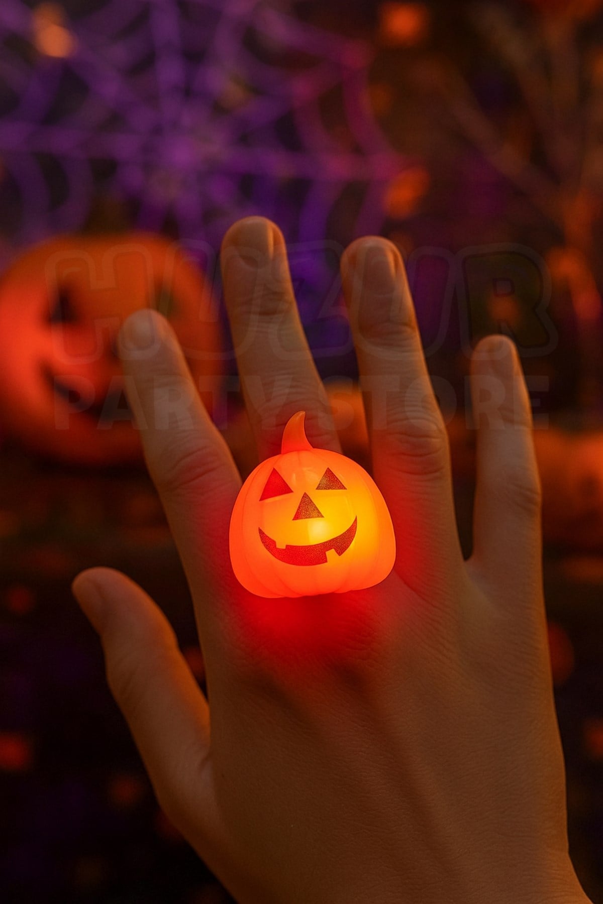Balkabağı Yüzük Halloween Partisi Cadılar Bayramı Aksesuarı 3 Fonksiyonlu Rengarenk Işıklı 3x3.5 Cm