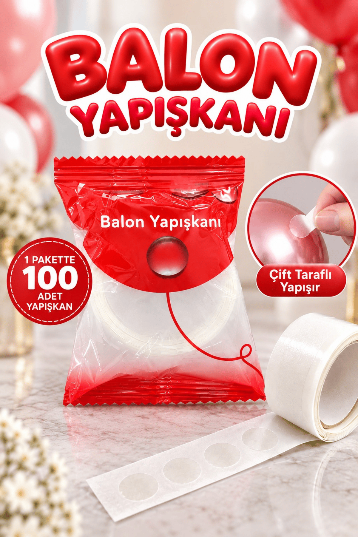 Balon Yapışkanı Bandı 100 Adet Kendinden Yuvarlak Kesilmiş Çift Taraflı Yapıştırma Yapıştırıcısı