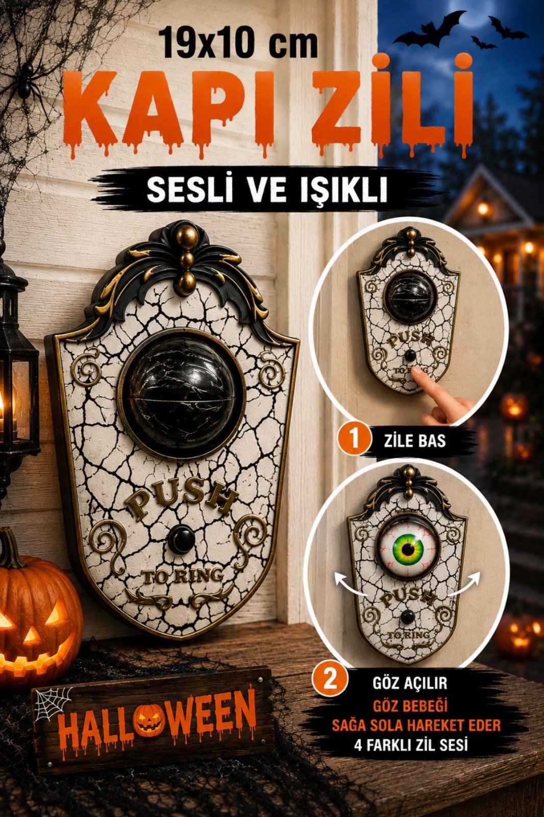 Beyaz Gold Oynar Gözlü Kapı Zili 4 Farklı Zil Sesi Asma Aparatlı 18x11 Cm Halloween Cadılar Bayramı