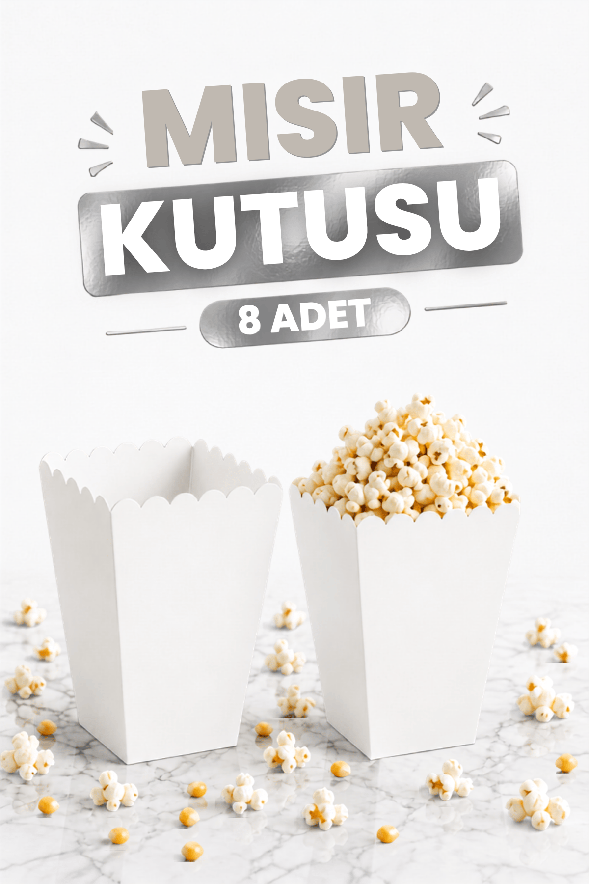 Beyaz Mısır Kutusu 8li Karton Cips Kutusu Düz Renkli 8 Adet Pop Corn Darı Kabı