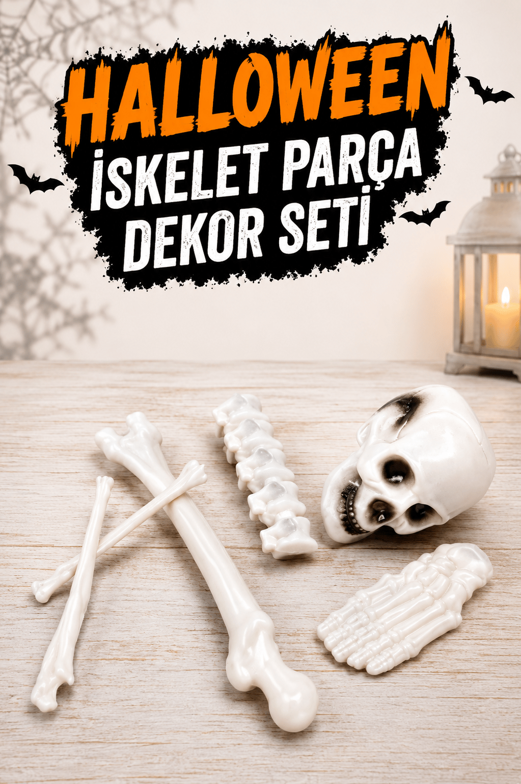Beyaz Renkli Dekoratif Iskelet Seti Halloween Partisi Cadılar Bayramı Omurga Kafatası Ayak Kemiği