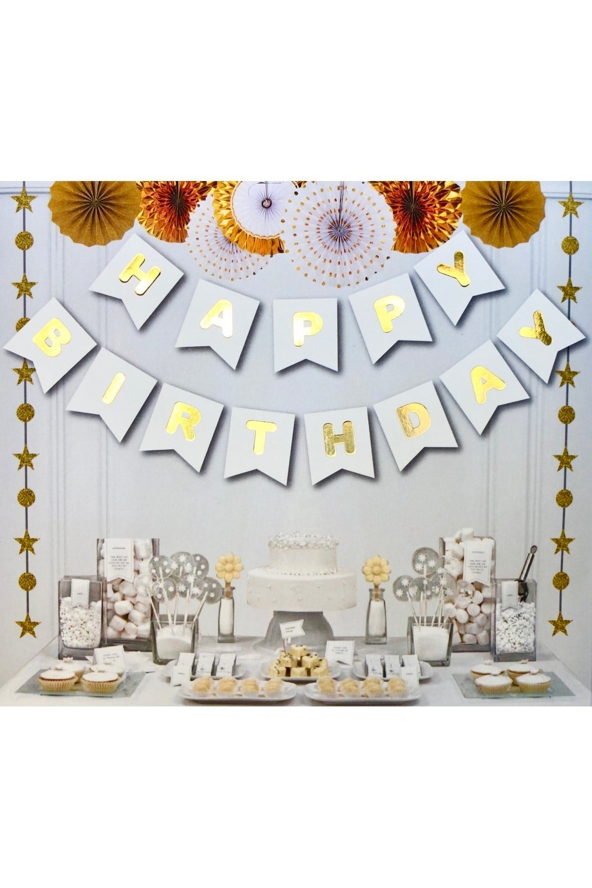Beyaz Üstüne Gold Altın Sarısı Yaldızlı Happy Birthday Yazılı Doğum Günü Partisi Karton Yazı Banner