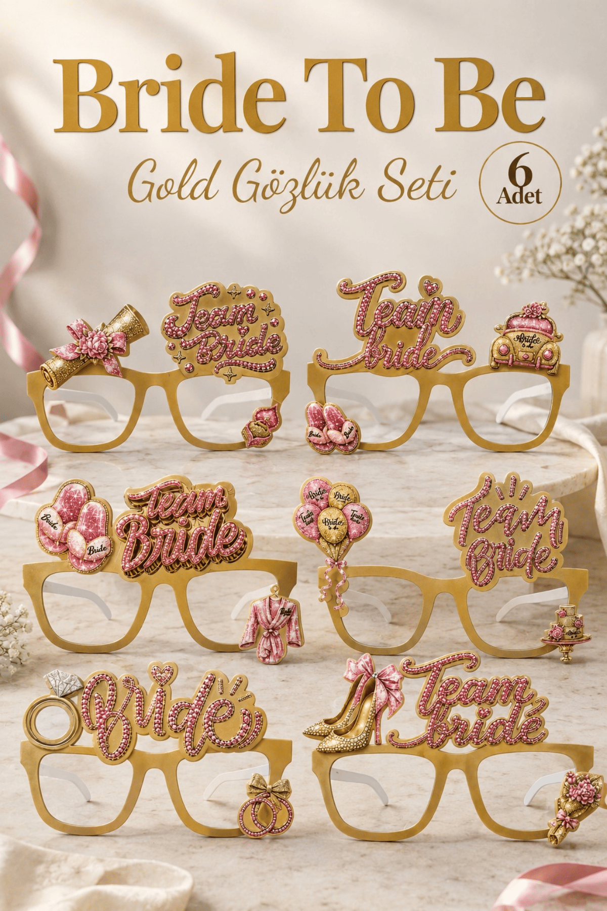 Bride To Be Gold 6'lı Gözlük Seti Team Bride Yazılı Bekarlığa Veda Gelin Partisi Fotoğraf Aksesuarı