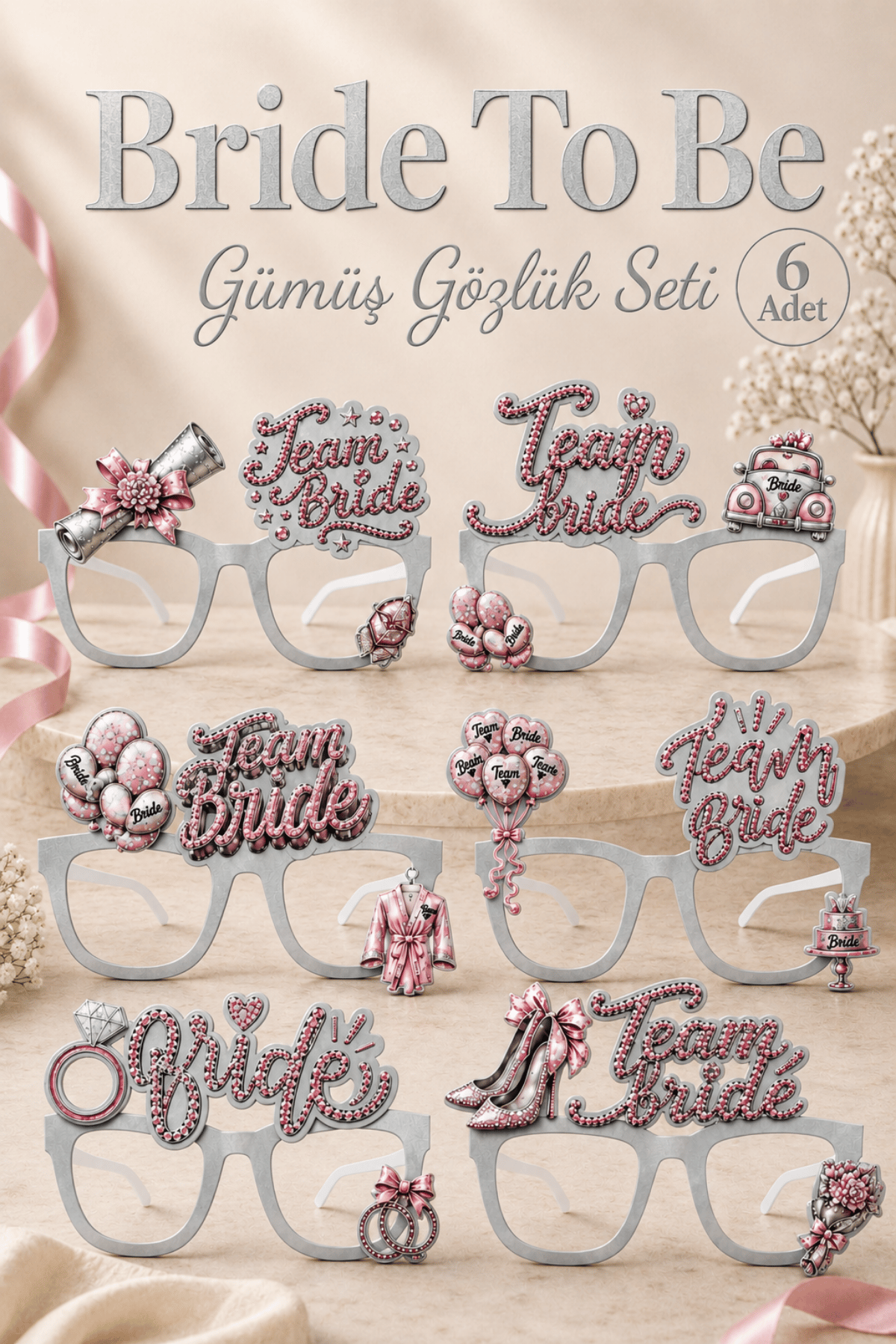 Bride To Be Gümüş 6'lı Gözlük Seti Team Bride Yazılı Bekarlığa Veda Gelin Partisi Fotoğraf Aksesuarı
