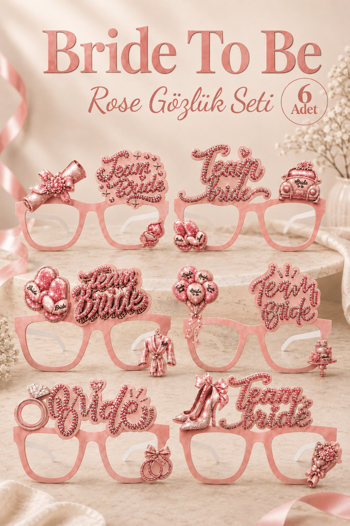 Bride To Be Rose  6'lı Gözlük Seti Team Bride Yazılı Bekarlığa Veda Gelin Partisi Fotoğraf Aksesuarı