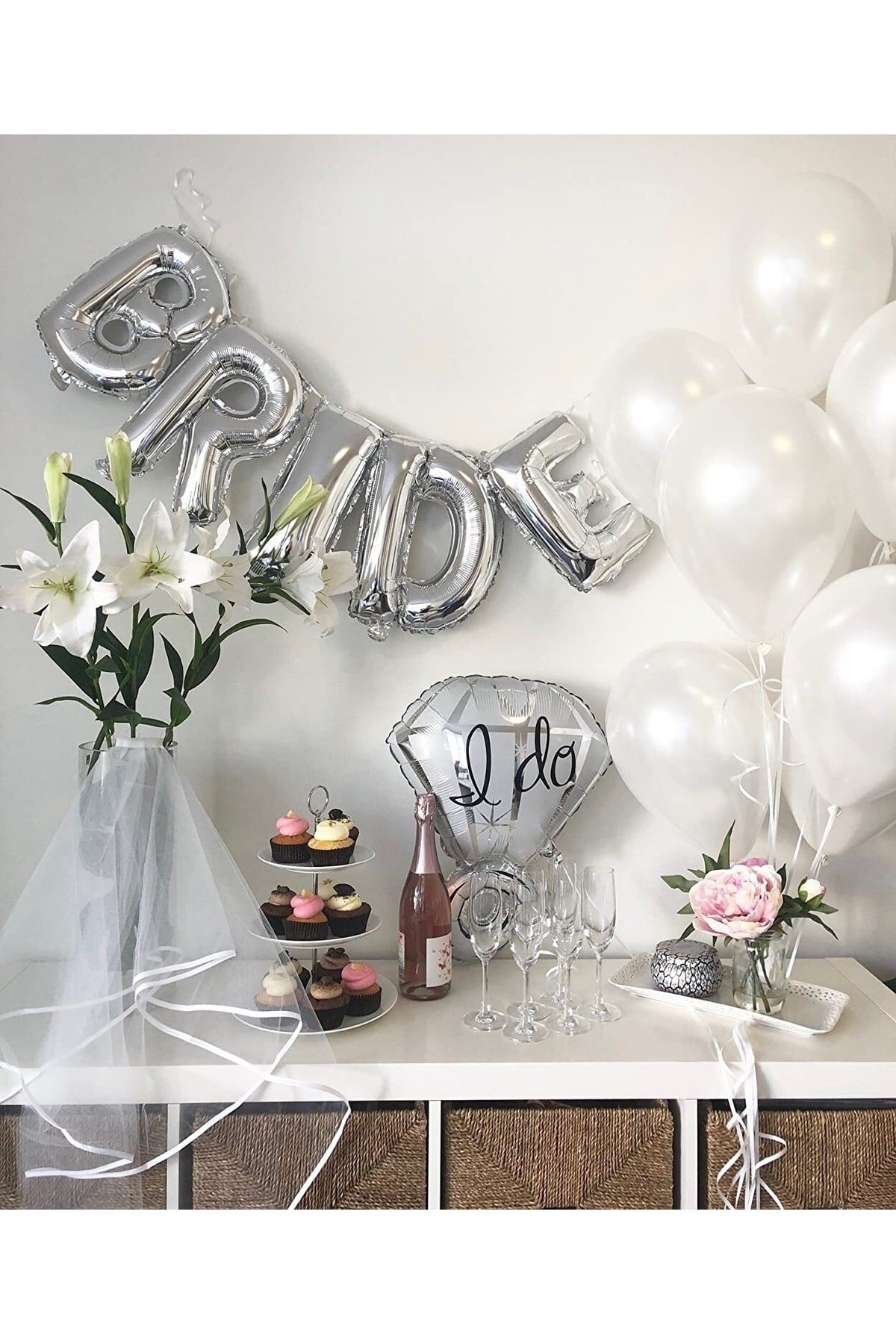 Bride Yazılı Folyo Balon Konsept Gümüş Renkli Gri Bekarlığa Veda Partisi Temalı Büyük Balon