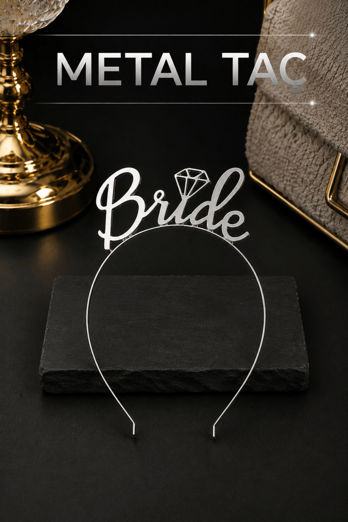 Bride Yazılı Metal Taç Gümüş Renkli Gri Renginde Bekarlığa Veda Partisi Konsepti Kaliteli Taç