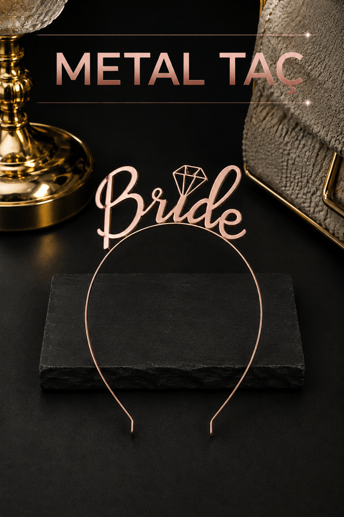 Bride Yazılı Metal Taç Rose Gold Renkli Bakır Renginde Bekarlığa Veda Partisi Konsepti Kaliteli Taç