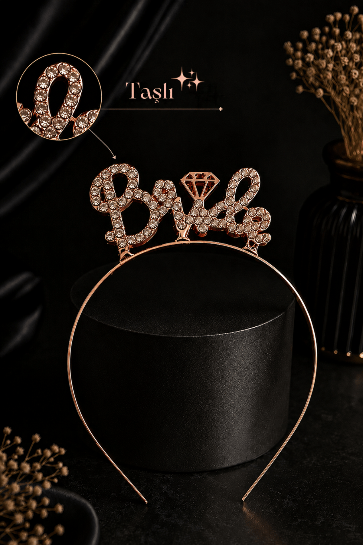 Bride Yazılı Taşlı Taç Parıldayan Taş Yapısı Rose Gold Renkli Bekarlığa Veda Partisi Konsept