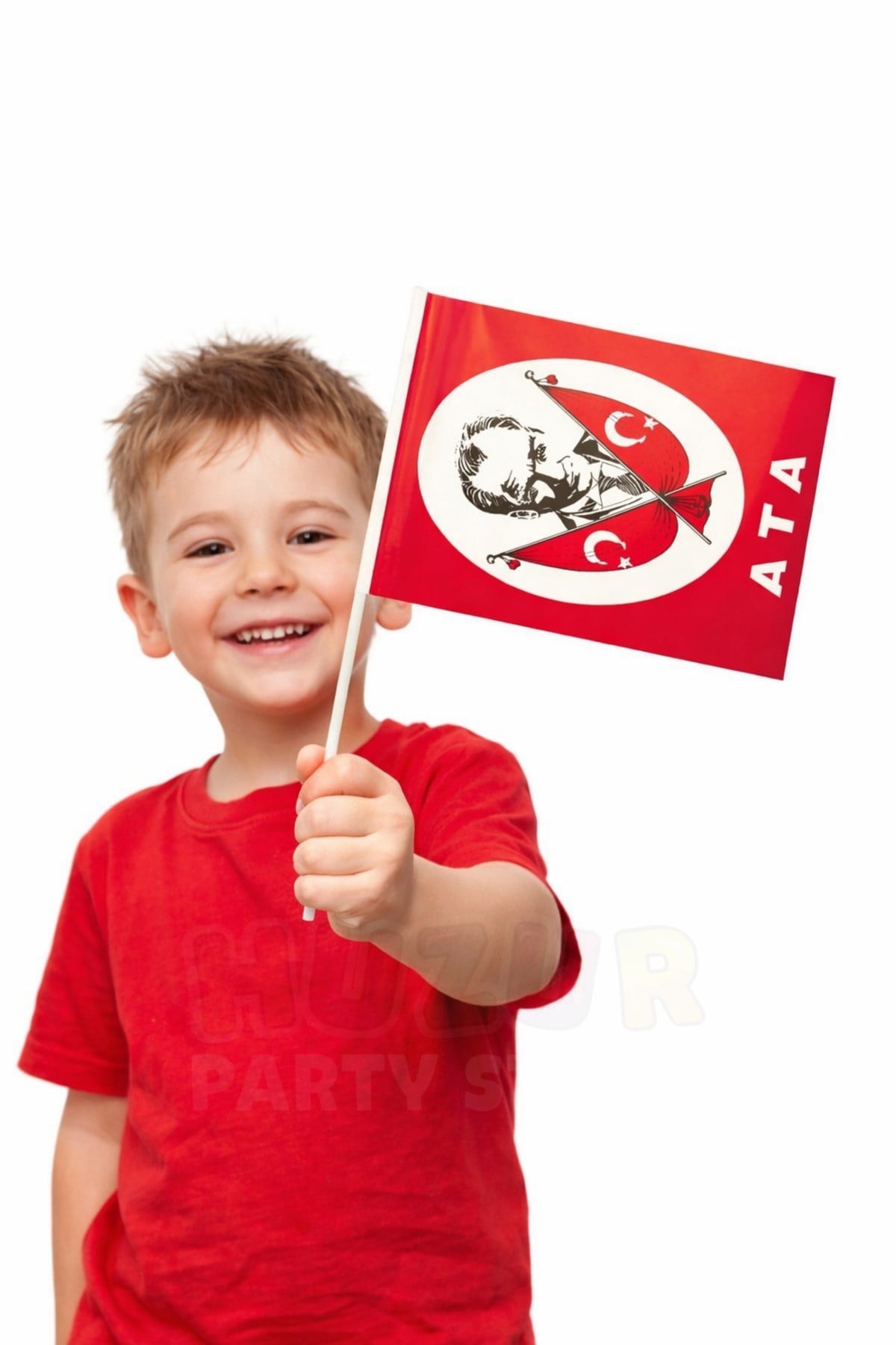 Büyük Boy 10 Adet Çubuklu Kağıt Atatürk Çıtalı Sopalı Saplı Ay Yıldız Baskılı Milli Bayrak 38x30 Cm