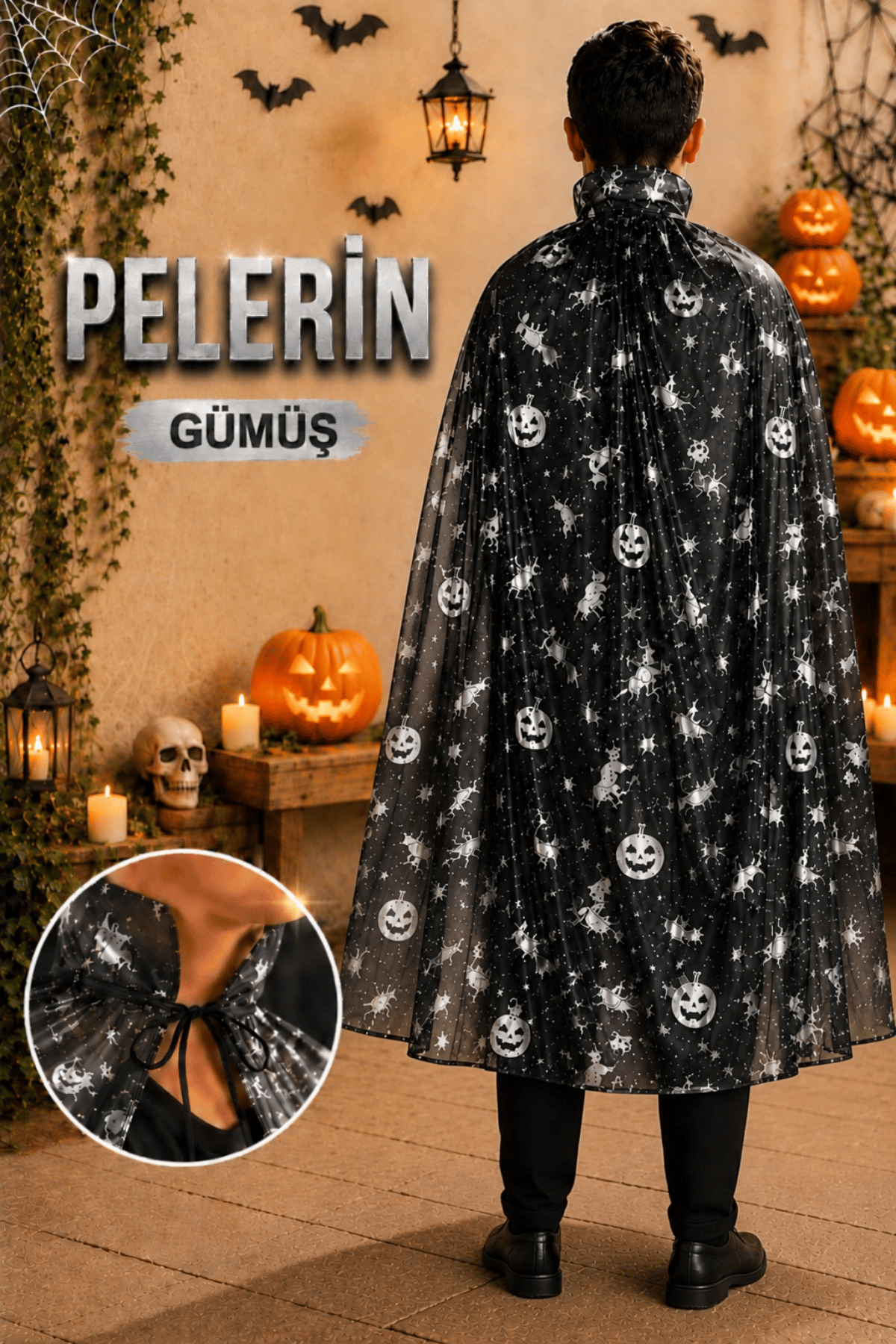 Cadılar Bayramı Pelerini Siyah Renkli Gümüş Gri Cadı Yarasa Kedi Baskılı Halloween Partisi Kostümü