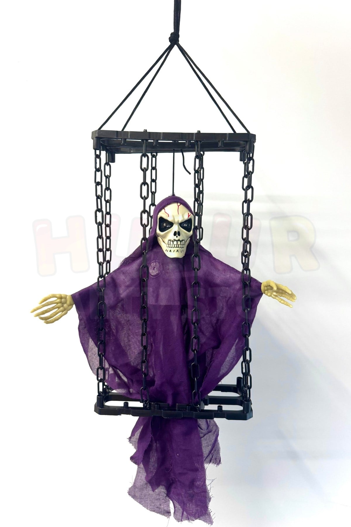 Çılgınca Titreyen Mor Kafatası Cadı 50x23 Cm Işıklı Sesli Sese Duyarlı Cadılar Bayramı Halloween