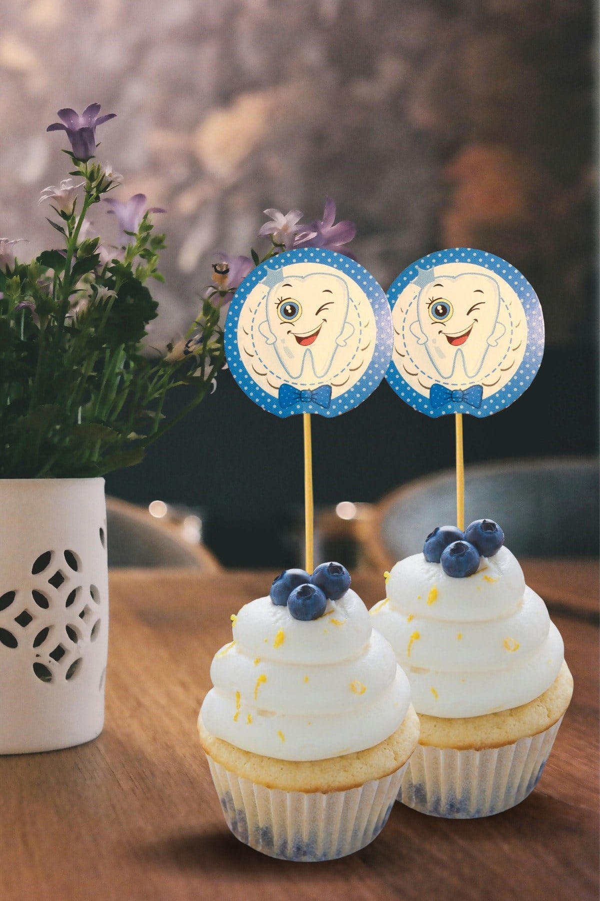 Diş Figürlü Mavi Konsept Kürdan 20 Adet 9 Cm Cupcuke Muffin Kürdanı Inci Dişli Erkek Diş Buğdayı