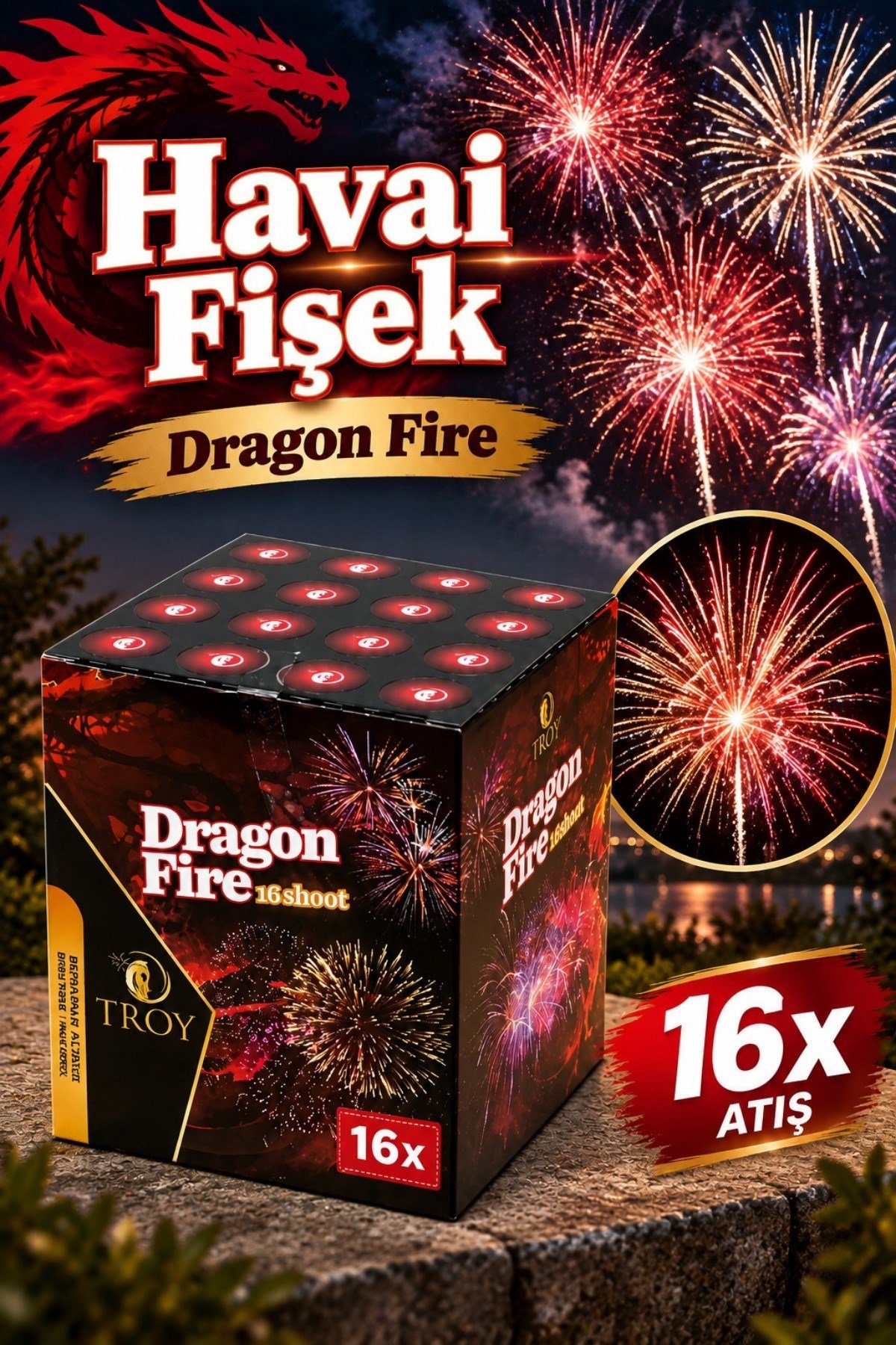 Dragon Fire Havai Fişek 16 Atış Gösteri Bataryası Renkli Efektli Eğlence Kutlama Parti Organizasyon