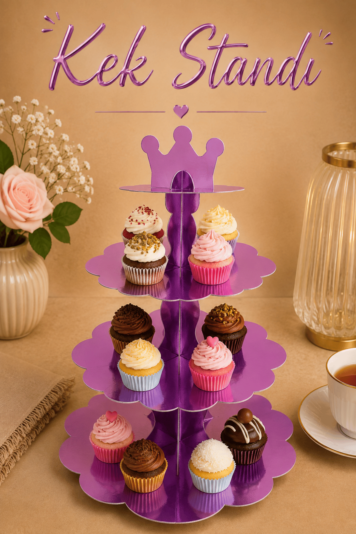 Düz Mor Kek Standı Karton Cup Cake Muffin Standı 3 Katlı Piramit Kurabiye Kulesi Konsept Renk
