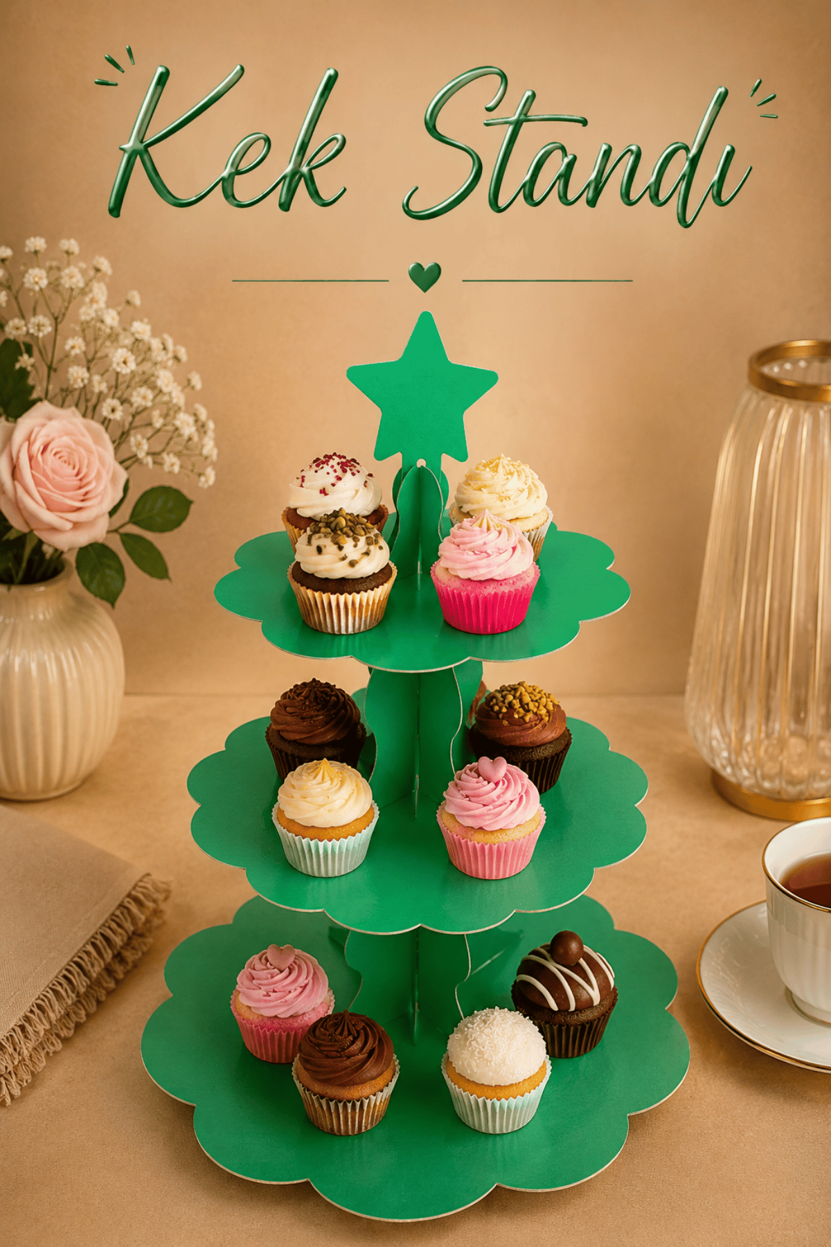 Düz Yeşil Kek Standı Karton Cup Cake Muffin Standı 3 Katlı Piramit Kurabiye Kulesi Konsept Renk