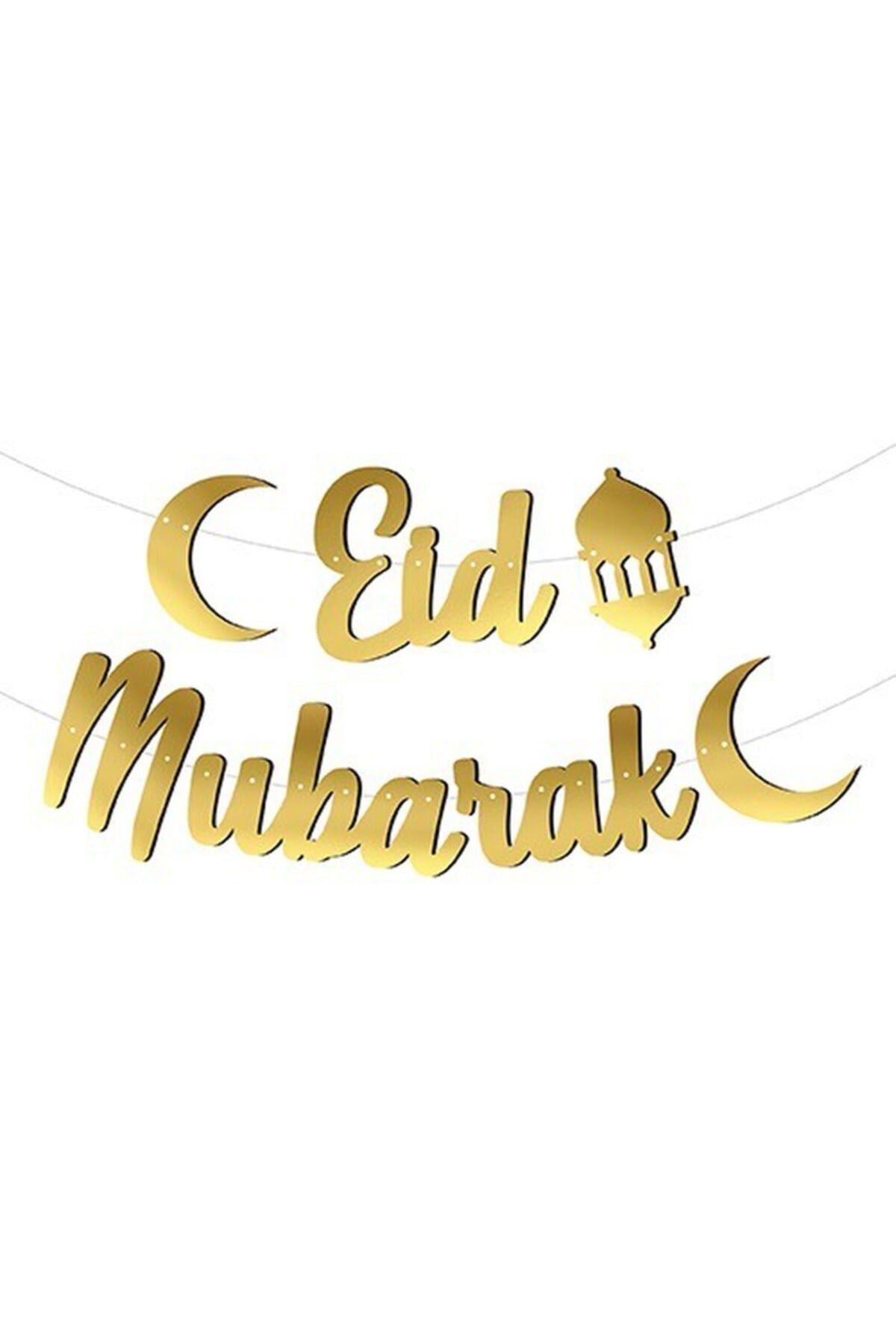 Eid Mubarak Yazılı Kaligrafi Banner Gold Renkli 200x30 Cm Ramazan Bayramı Altın Renginde Süs