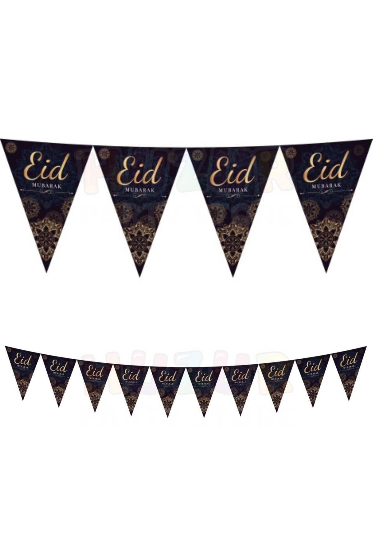 Eid Mubarak Yazılı Üçgen Flama 180 Cm 10 Bayrak Ramazan Bayramı Gold Altın Dini Islami Süsü
