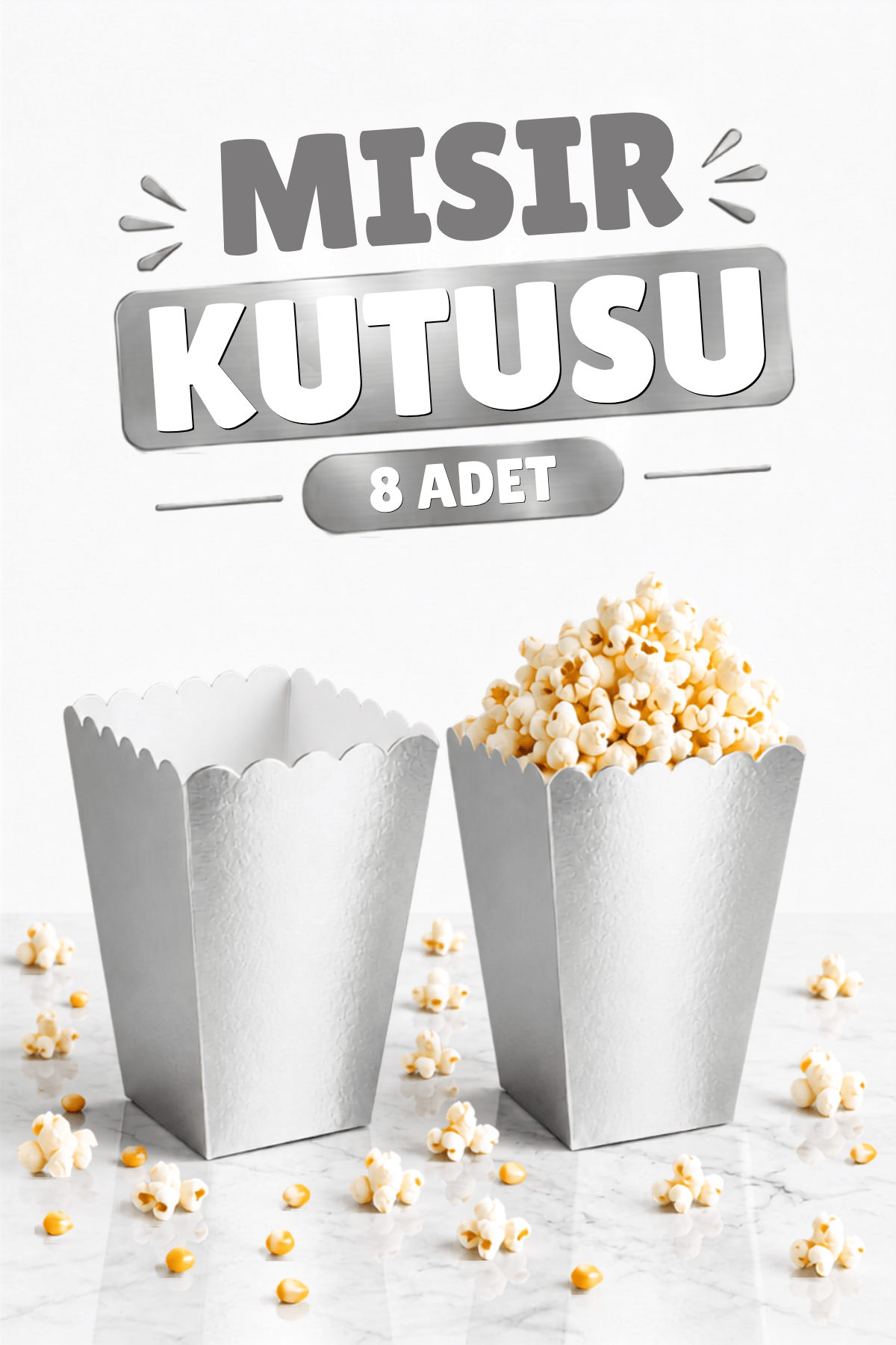 Gümüş Mısır Kutusu 8li Gri Karton Cips Kutusu Düz Renkli 8 Adet Silver Pop Corn Darı Kabı