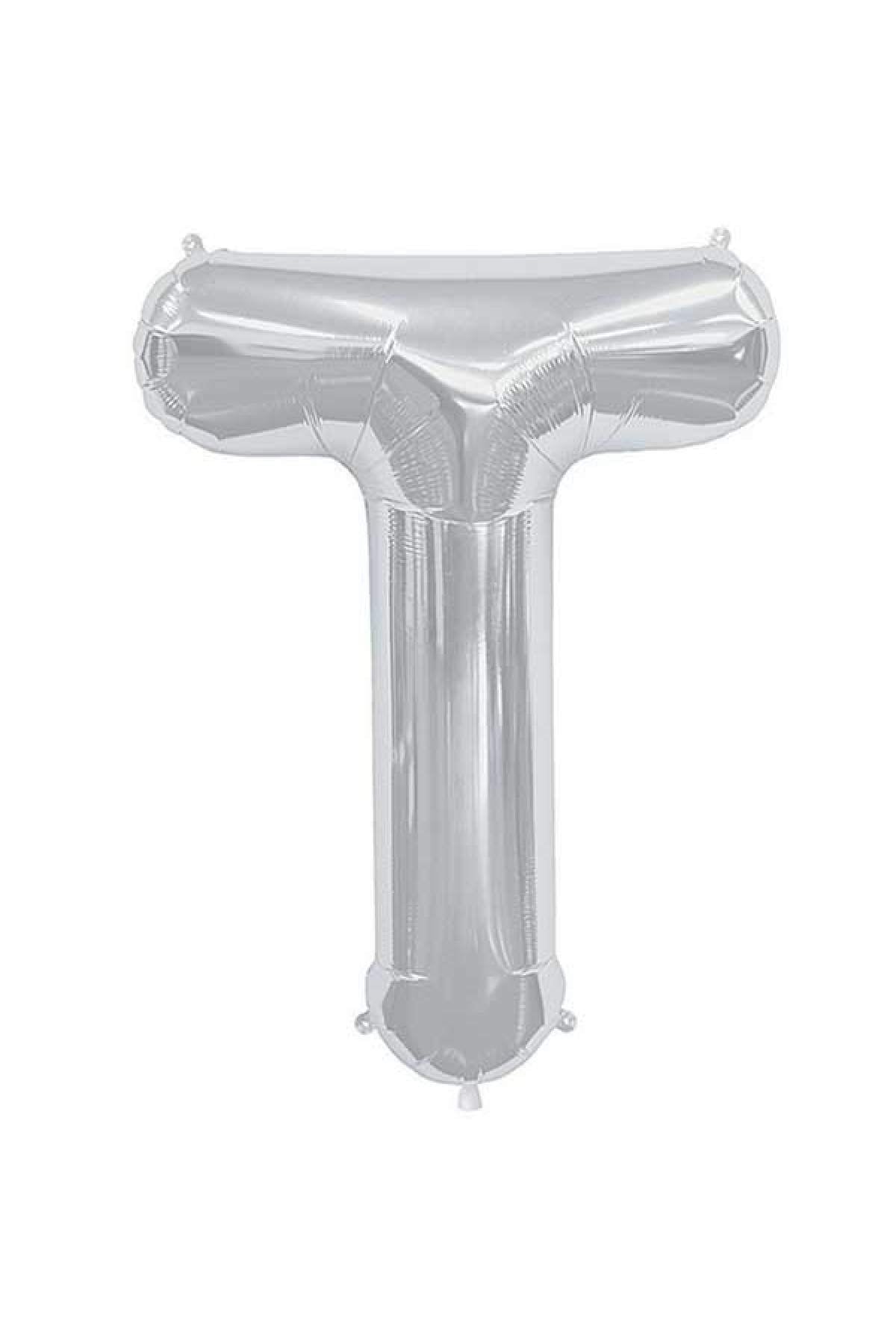 Gümüş Orta Boy Gri Folyo Balon 34 Inç Silver T Harfi 75 Cm
