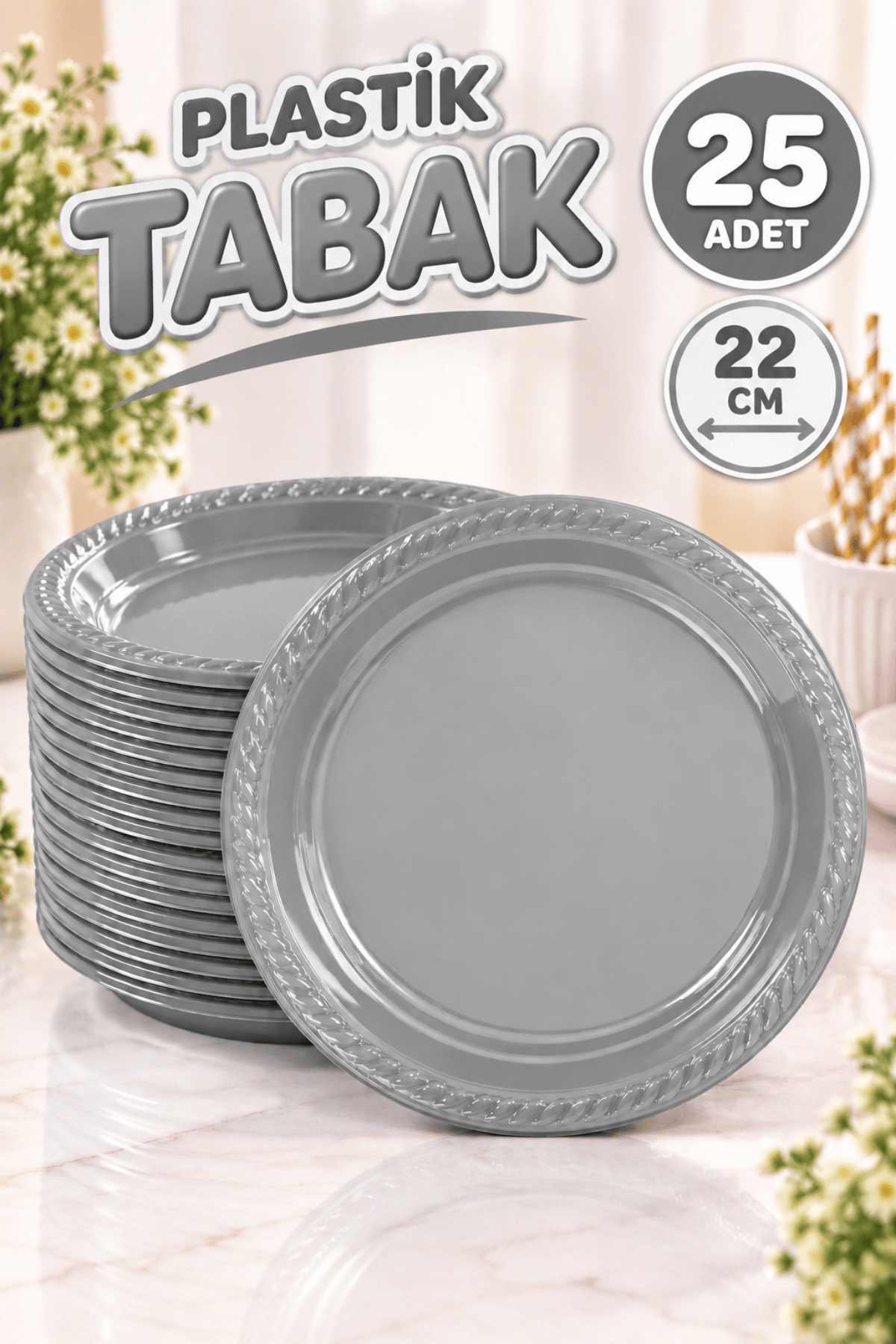 Gümüş Renginde 22cm 25li Parlak Tabak Renkli Dayanıklı Gri Plastik Doğum Günü Silver Parti Tabağı