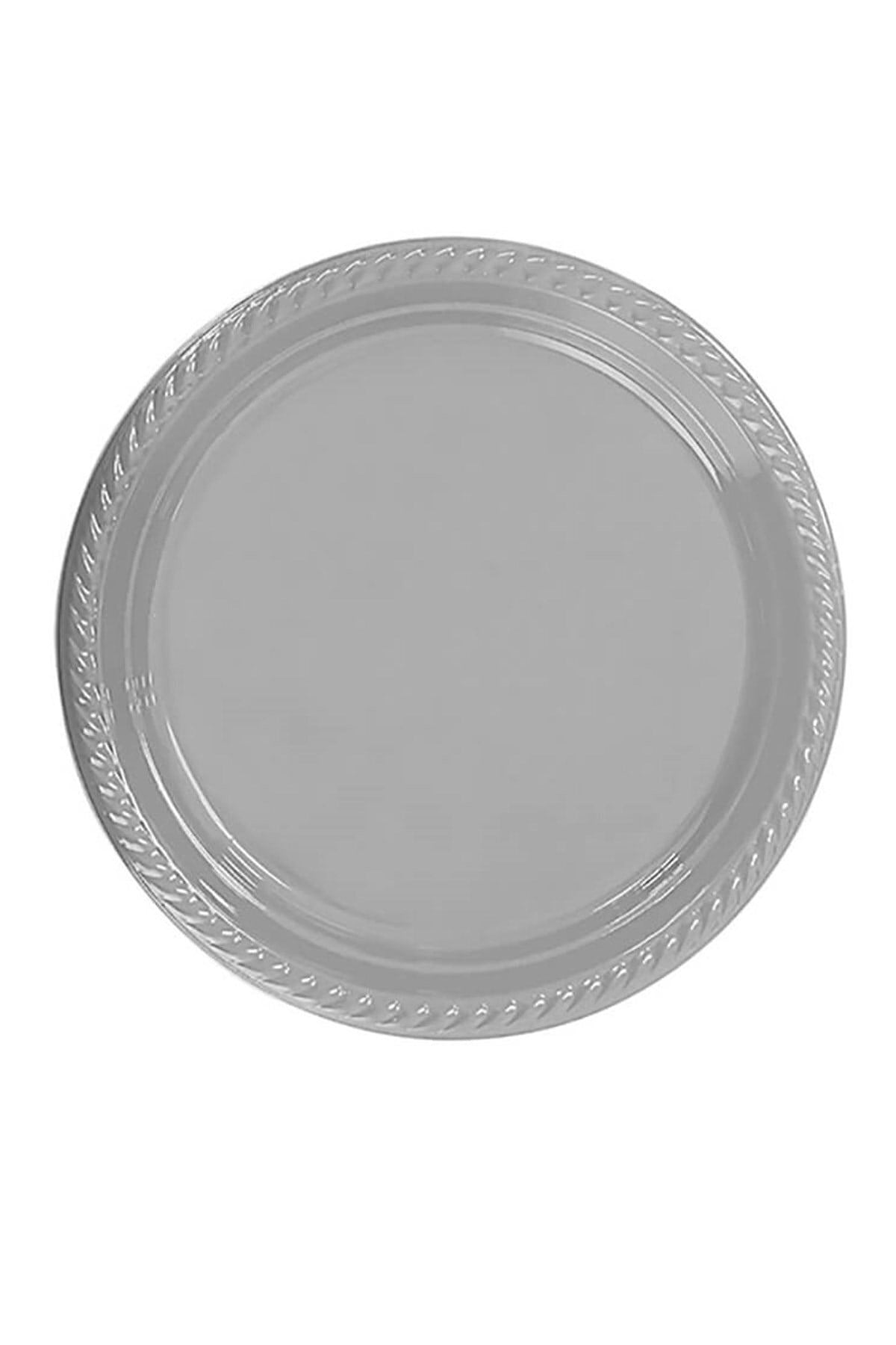 Gümüş Renginde 22cm 25li Parlak Tabak Renkli Dayanıklı Gri Plastik Doğum Günü Silver Parti Tabağı