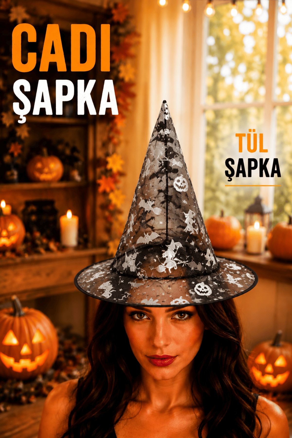Gümüş Siyah Tül Şapka Halloween Partisi Cadılar Bayramı Gri Unisex Balkabağı Cadı Kedi Yarasa Detay