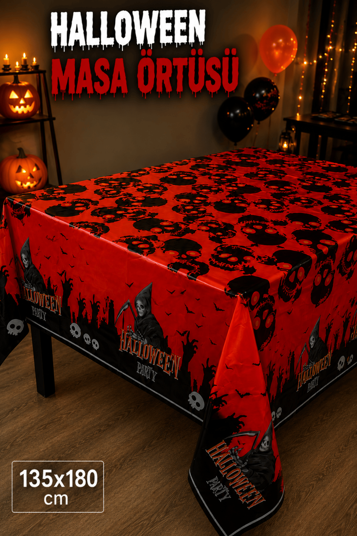 Halloween Desenli Masa Örtüsü 135x180 cm Kırmızı Siyah Cadılar Bayramı Parti Dekorasyon Süsü