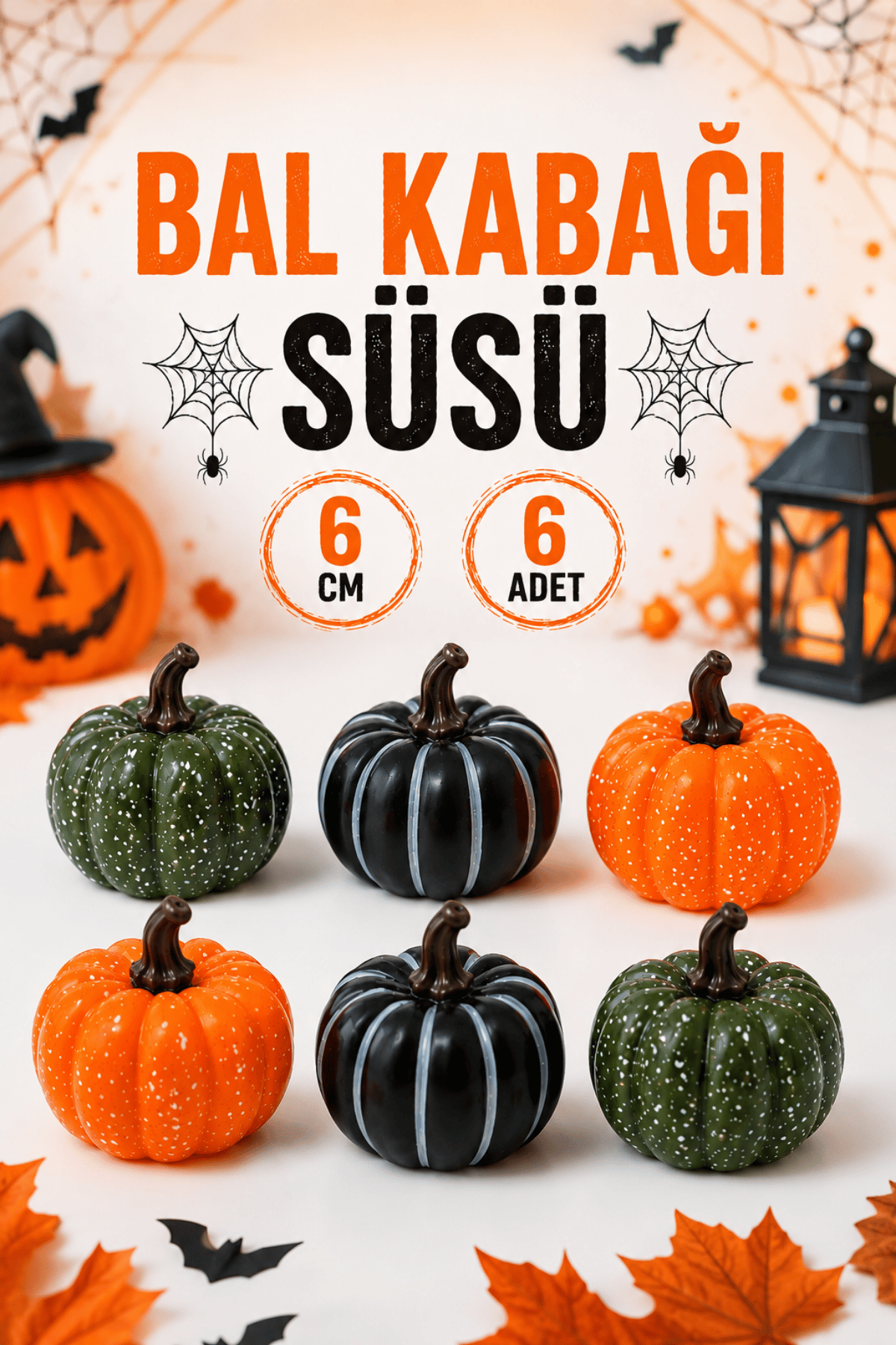 Halloween Partisi Balkabağı Dekoru Yeşil Koyu Mürdüm Turuncu Renk 6 Adet 6 cm Cadılar Bayramı Süsü