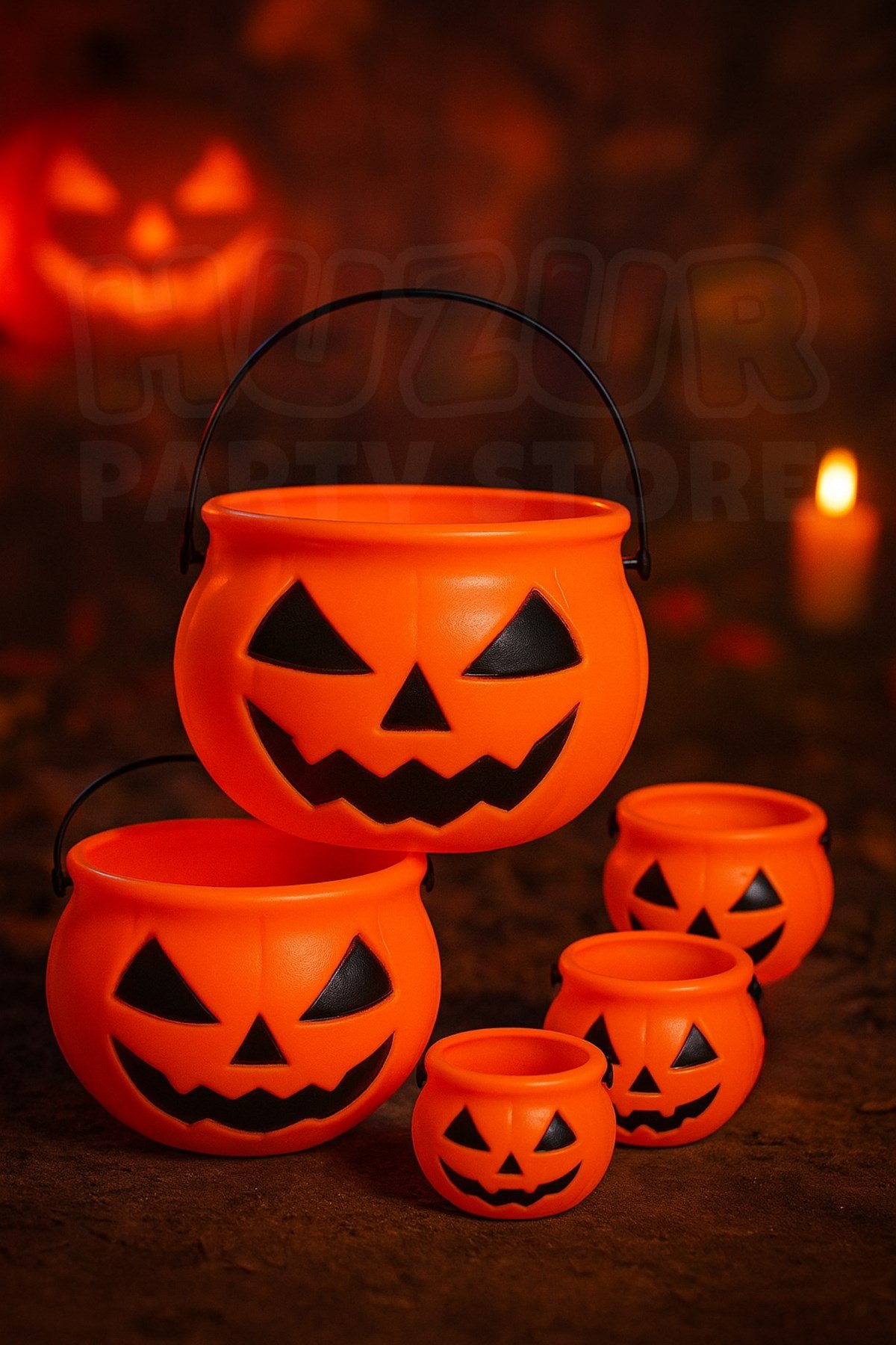 Halloween Partisi Şeker Kovası 5 Li Set Tutma Saplı Şekerlik Cadılar Bayramı Dekor Ürünü 5 Adet