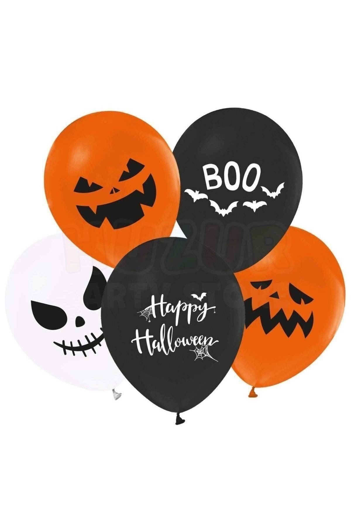 Happy Halloween Baskılı Cadılar Bayramı Partisi Balonu 50 Adet 30 Cm Turuncu Siyah Beyaz Renkli