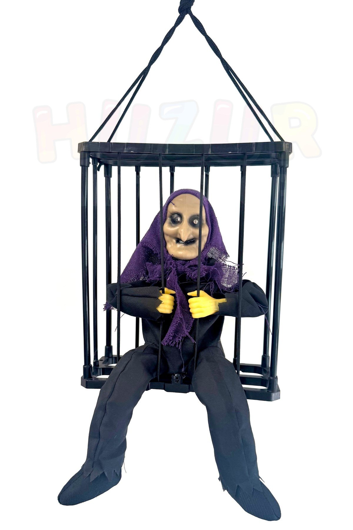 Hareketli Sese Duyarlı Kafes İçinde Mor Cadı Işıklı 40x24 Cm Pilli Cadılar Bayramı Halloween Dekor