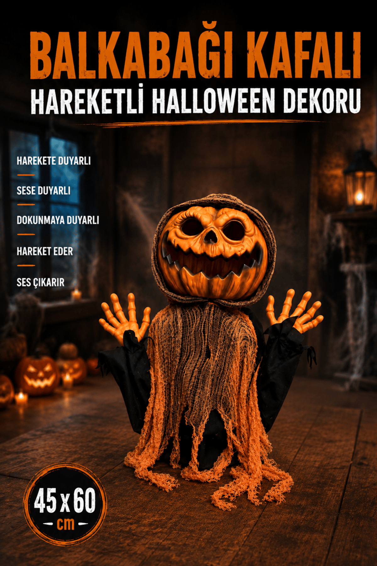Hareketli Sesli Işıklı 3 Fonksiyonlu Yarım Vücut 45x60 Cm Halloween Partisi Cadılar Bayramı Dekor