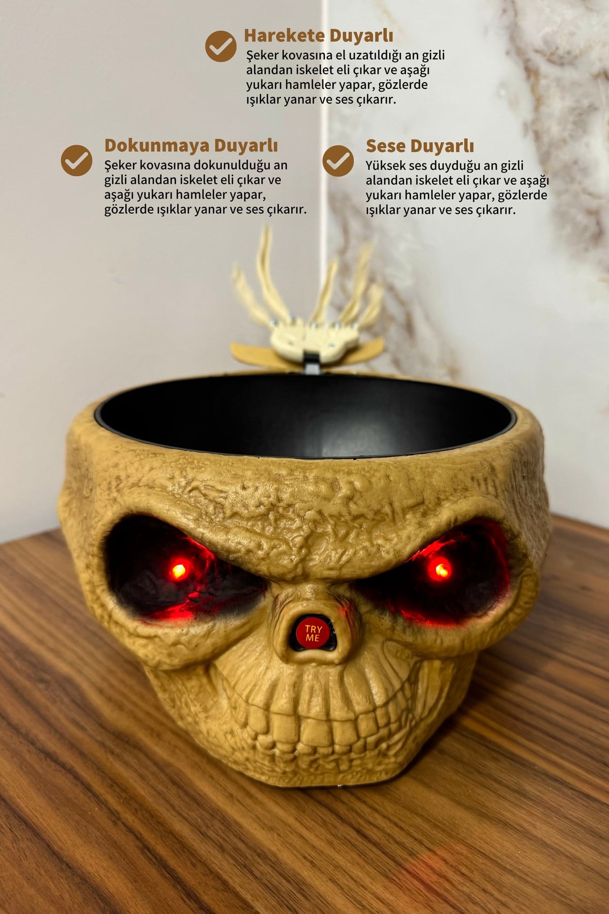 Hareketli Sesli Işıklı Kafatası Şeker Kovası Gizli İskelet Eli 25x12 Cm Halloween Cadılar Bayramı