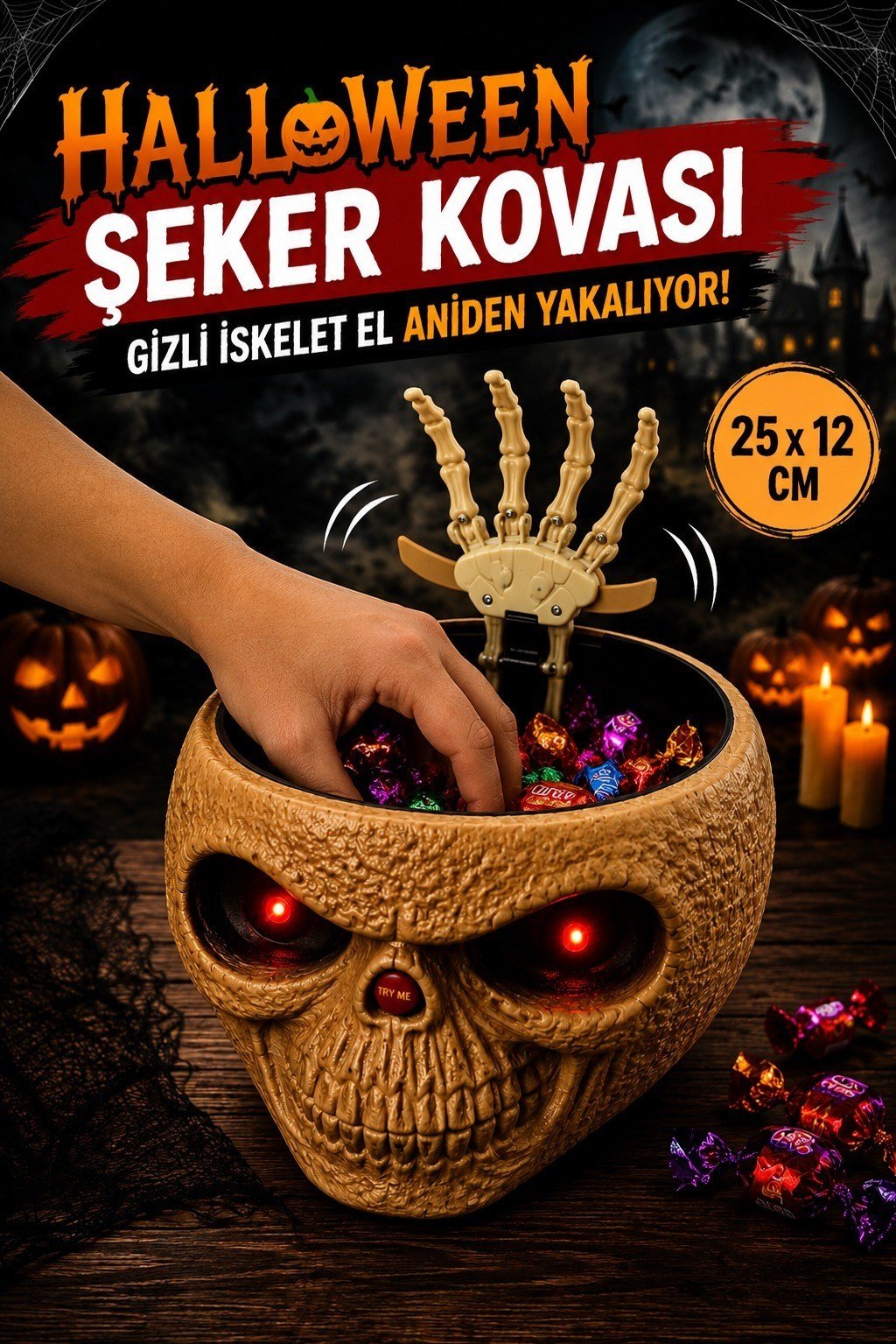 Hareketli Sesli Işıklı Kafatası Şeker Kovası Gizli İskelet Eli 25x12 Cm Halloween Cadılar Bayramı