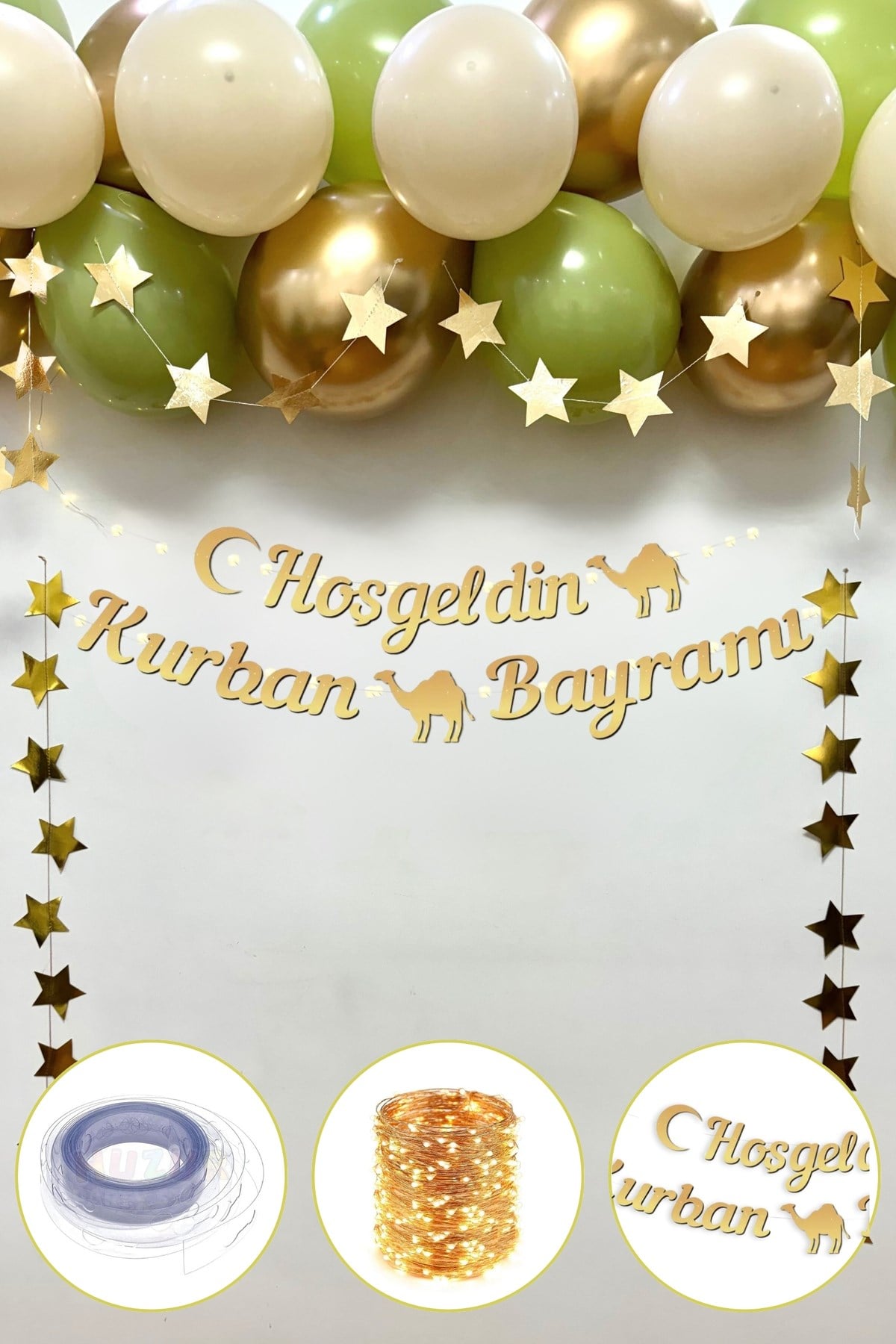 Hoşgeldin Kurban Bayramı Yazılı 17 Parça Süsleme Seti Led Işıklı Yazı Balon Zincir Yıldız Asılan Süs