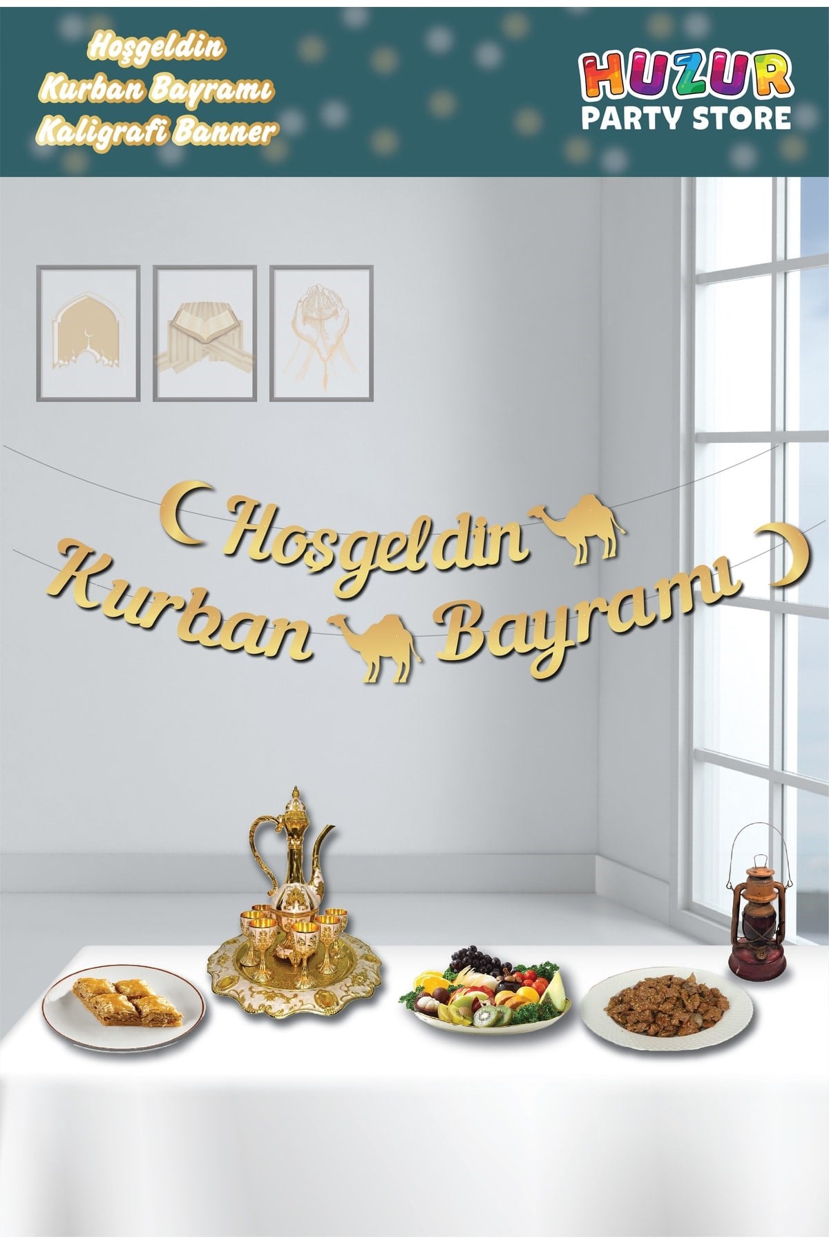 Hoşgeldin Kurban Bayramı Yazılı Kaligrafi Banner Gold Renkli 250x20 cm Altın Renginde Asılan Süs