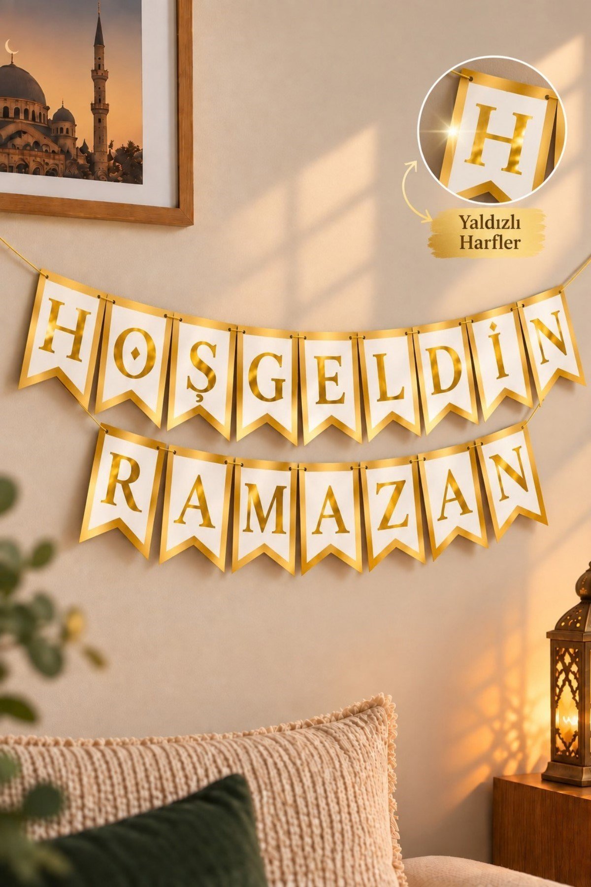 Hoşgeldin Ramazan Banner Yaldızlı Harf Duvar Süsü İpli Asma Dekor İftar Bayram Ev Süslemesi Gold