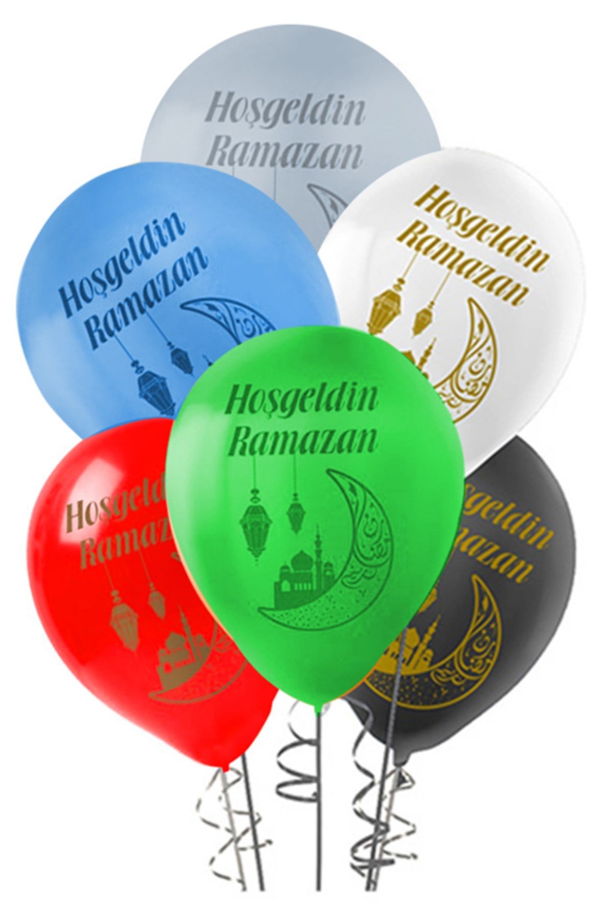 Hoşgeldin Ramazan Baskılı 10 Adet Balon Dini Islami Bayram Süsü Beyaz Siyah Bordo Renkli