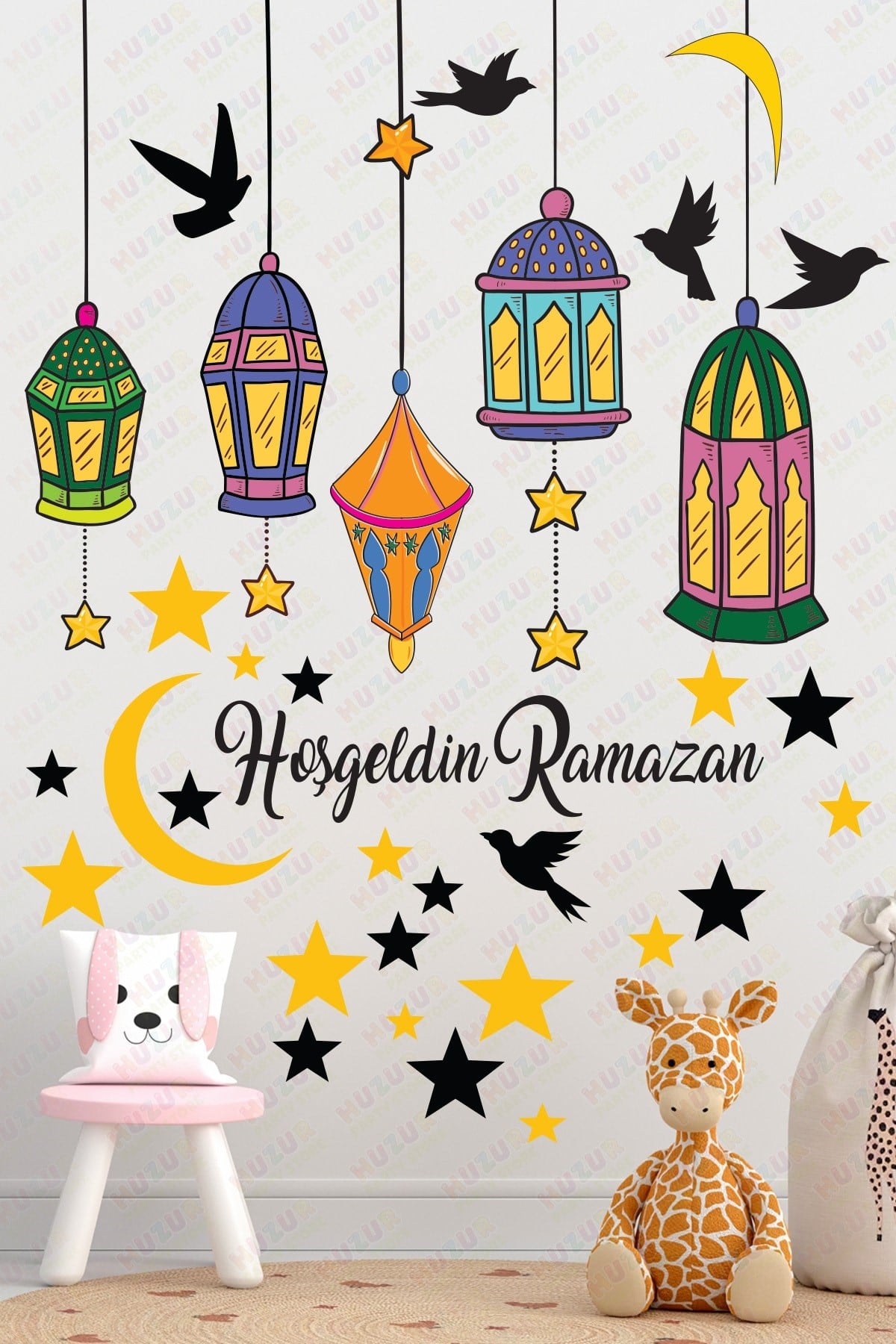 Hoşgeldin Ramazan Bayramı Yapışkanlı Sticker Iz Bırakmayan Duvar Cam Dolap Çıkartması Süsü 53 Parça