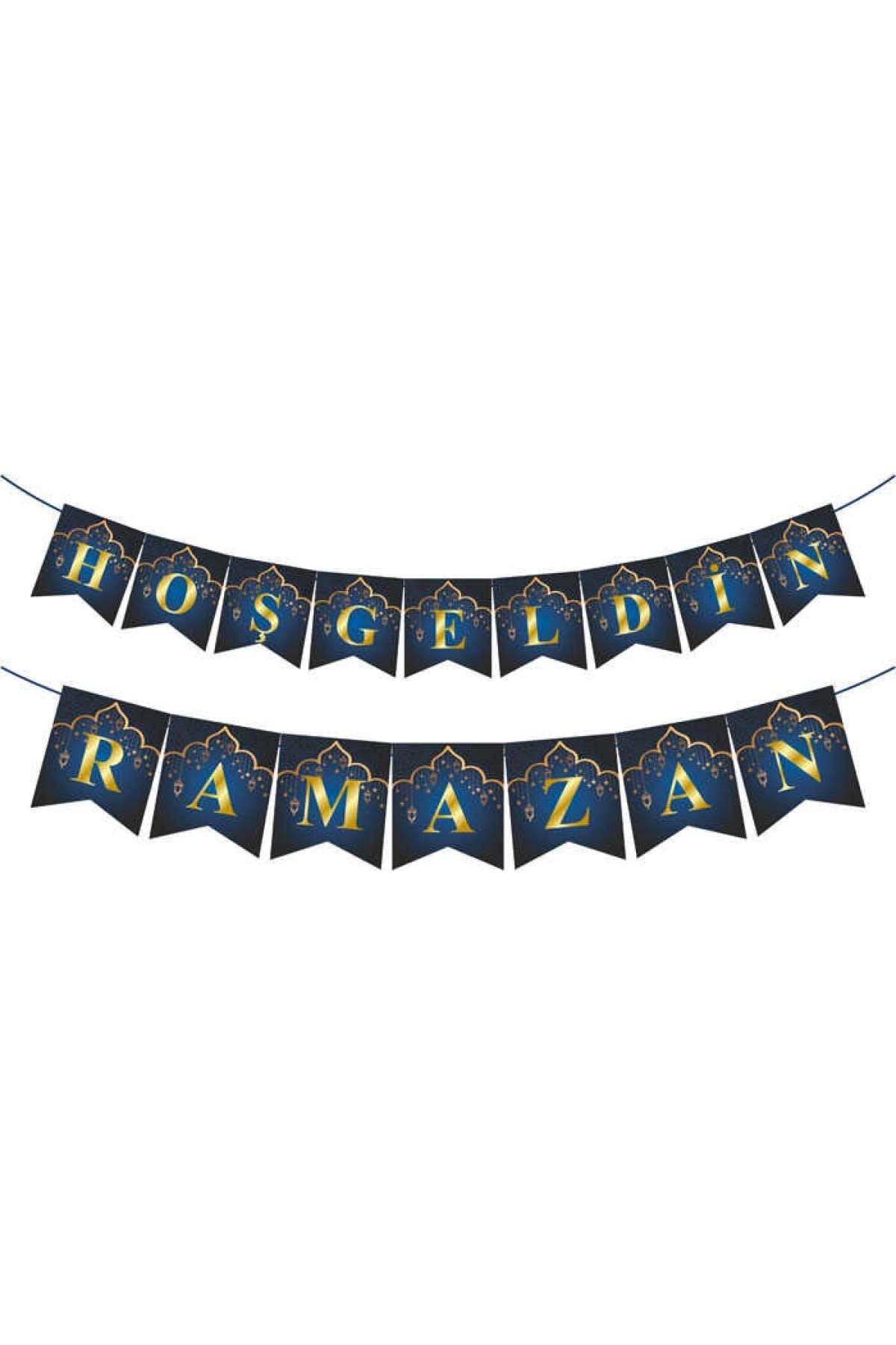 Hoşgeldin Ramazan Yaldızlı Parlak Yazı Zikzak Banner 2.5 Metre Lacivert Konsept Dini Bayram Süsü