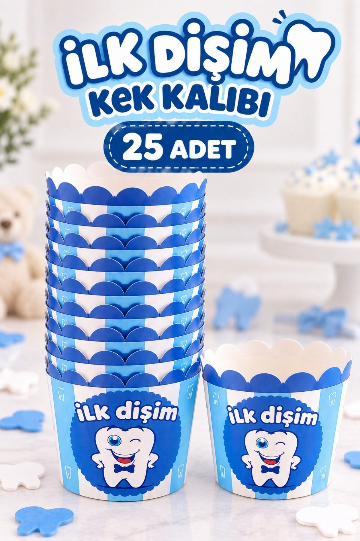 İlk Dişim Kek Kalıbı 25 Adet 6 cm Mavi Temalı Cupcake Muffin Kabı Bebek Kutlama Parti Organizasyon Malzemesi