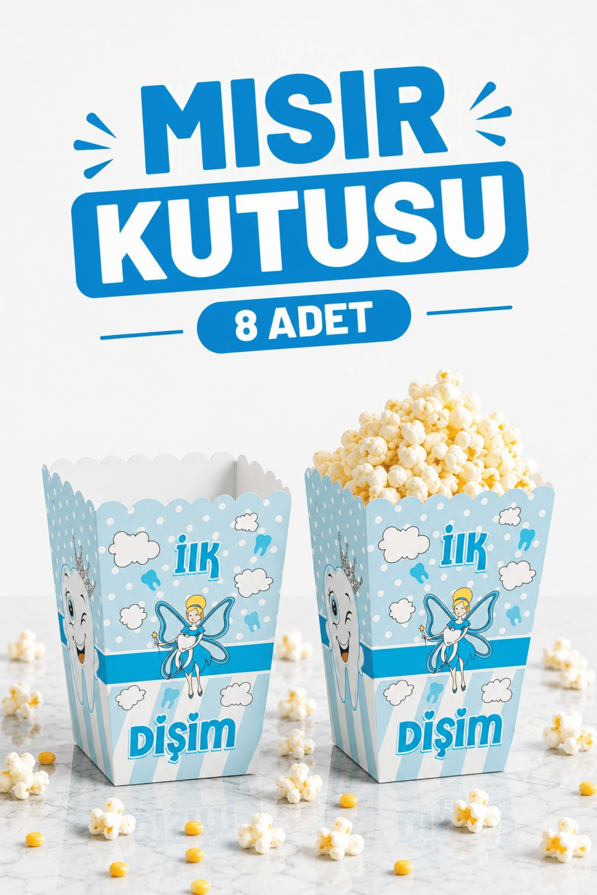 Ilk Dişim Yazılı Mavi Mısır Kutusu 8 Adet Inci Dişli Temalı Diş Buğdayı Erkek Konsepti Diş Partisi