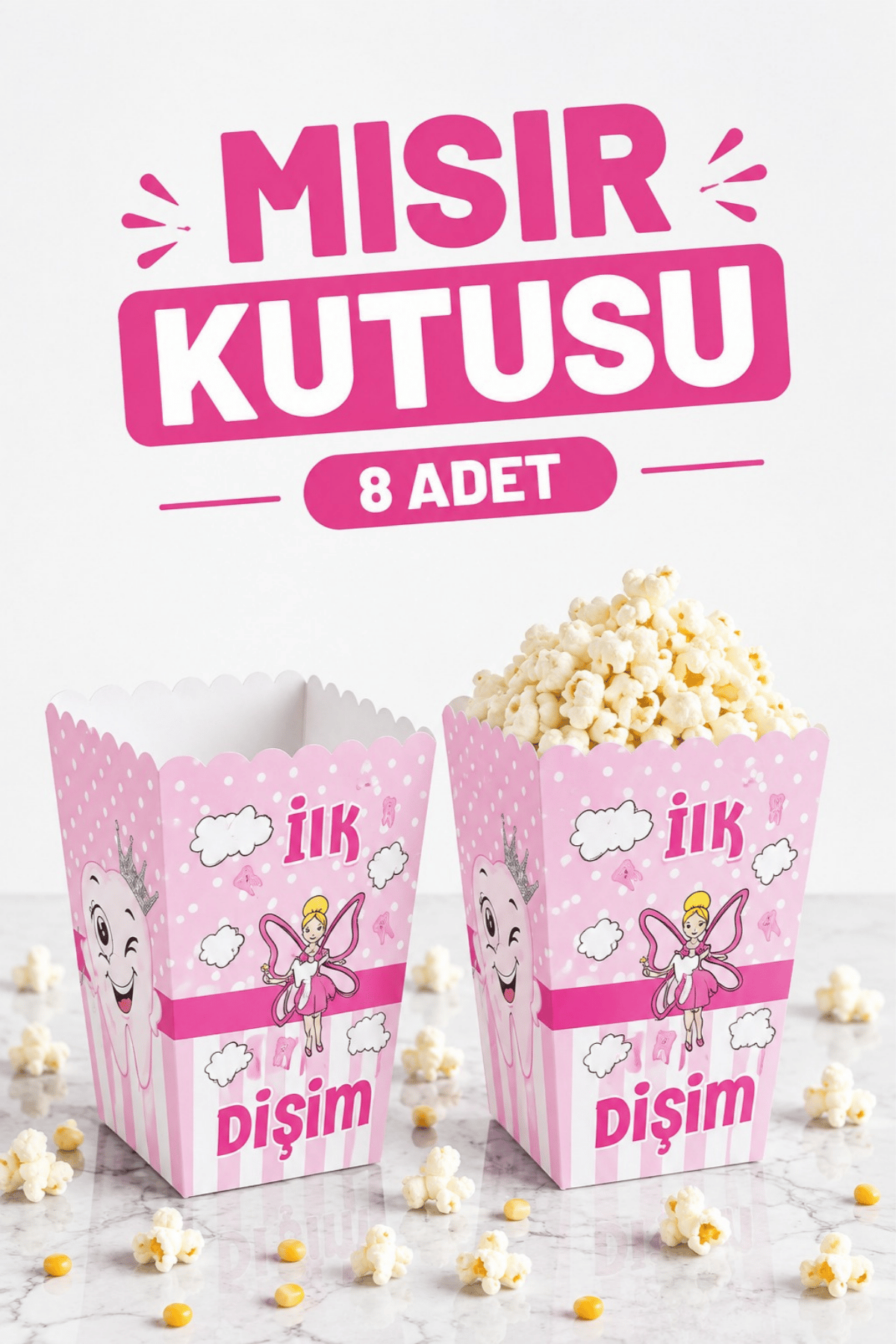 Ilk Dişim Yazılı Pembe Mısır Kutusu 8 Adet Inci Dişli Temalı Diş Buğdayı Kız Konsepti Diş Partisi
