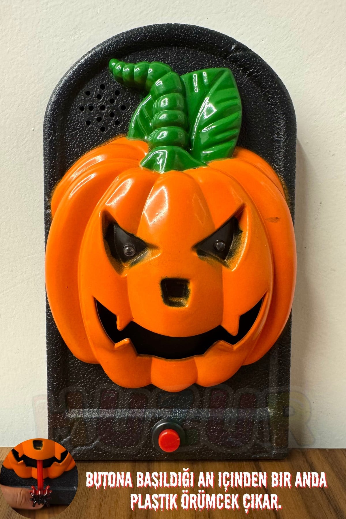 Işıklı Sesli Kabak Şekilli Aniden Örümcek Çıkan Kapı Zili 19x11 cm Halloween Cadılar Bayramı Dekor